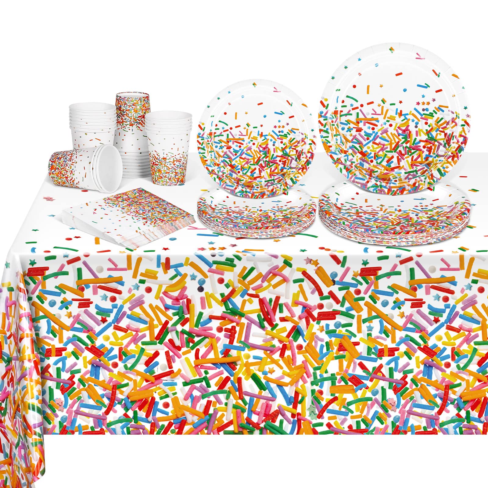 97-Piece Disposable Confetti Sprinkles Party Tableware Set - Colorful Tablecloth, Paper Cups, Dessert Plates & Beverage Napkins for Wedding, Birthday & Baby Shower Decorations - Perfect for Indoor/Outdoor Celebrations & Party Favors