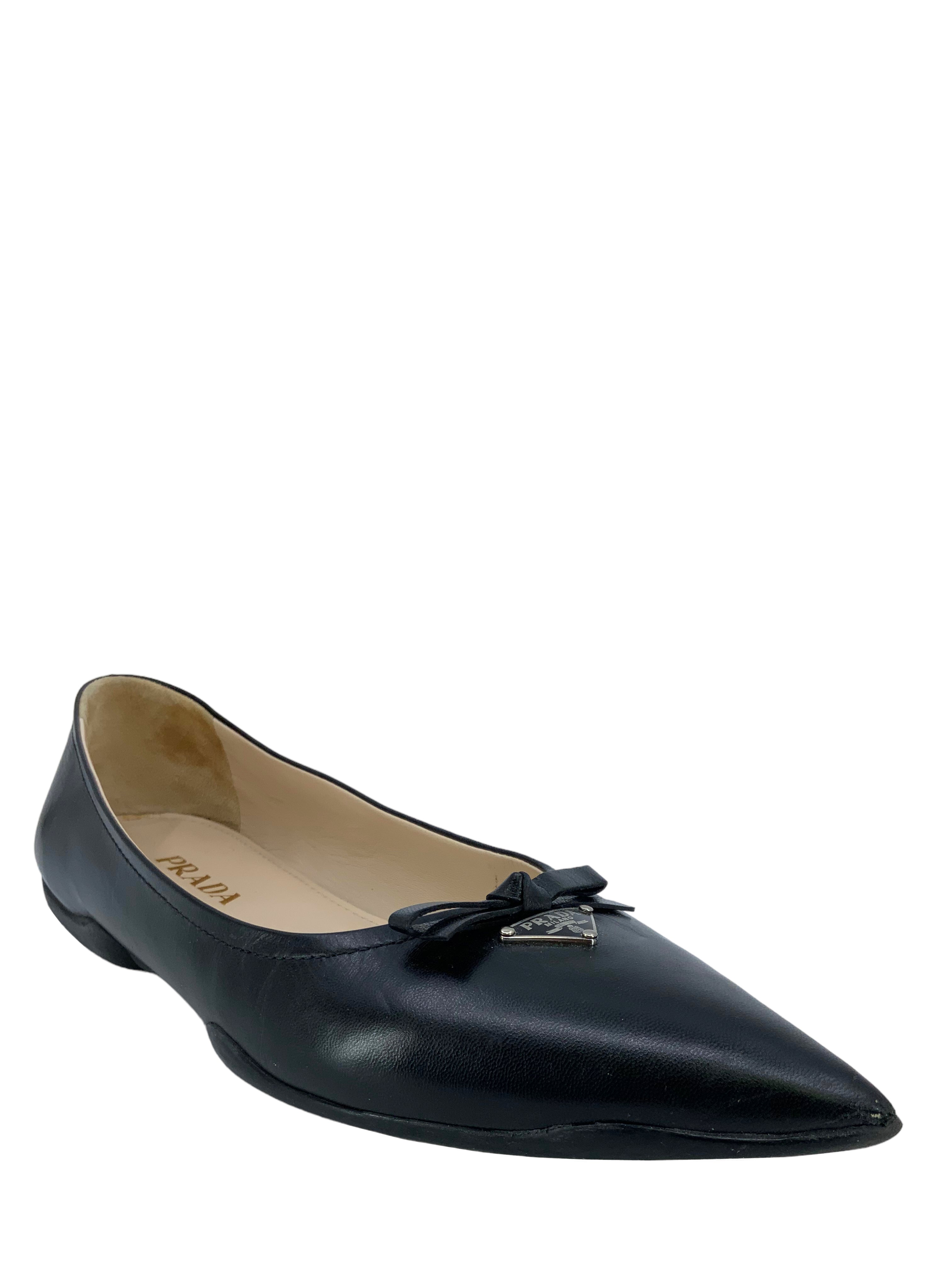 Prada Leather Pointed Toe Flats with Triangle Logo & Bow Detail - Women's Size 7 | Elegant Dress Shoes for Work, Wedding & Formal Occasions