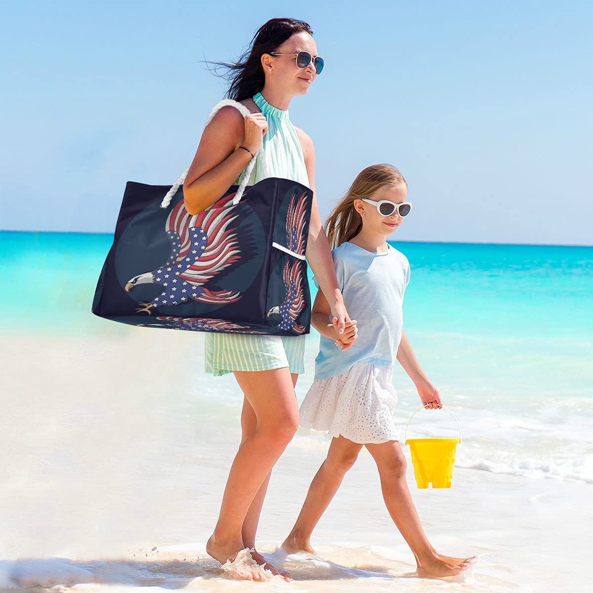 Large Waterproof Beach Tote Bag with Zipper - USA Flag Design for Women, Perfect for Pool, Gym & Travel | Durable Shoulder Bag for Summer Outings & Vacation Essentials