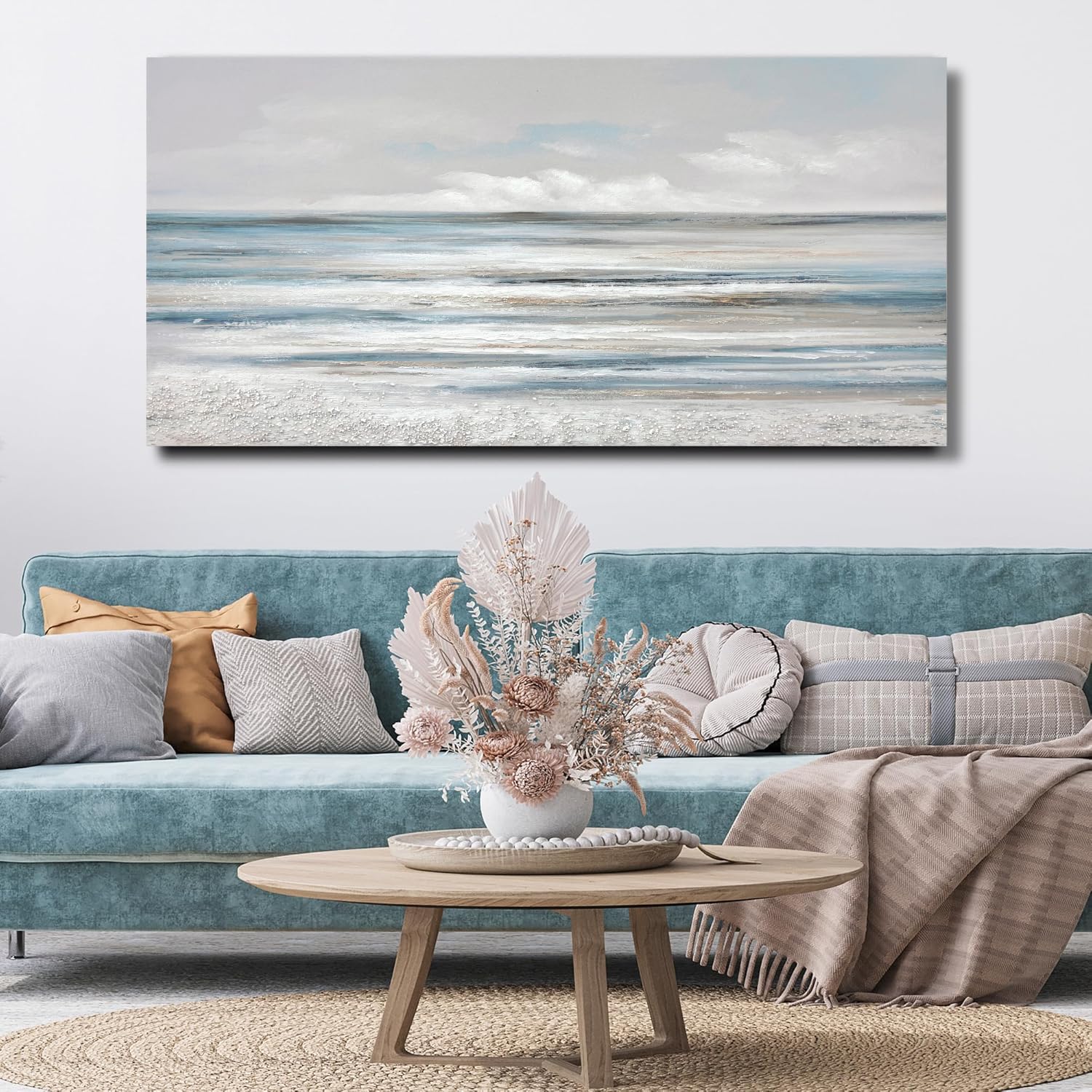 Abstract Coastal Wall Art - Modern Blue and White Textured Sea Canvas Painting 30x60 Inches, Beach Themed Home Decor for Living Room, Bedroom, Kitchen & Office | Perfect for Coastal, Nautical or Boho Interior Design Styles