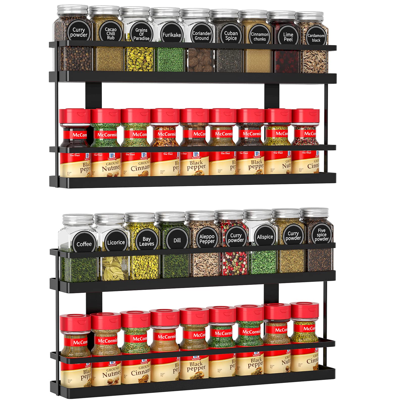 MEIQIHOME 4 Tier Spice Rack Organizer - Space Saving Kitchen Cabinet & Pantry Door Storage Shelf - Wall Mount or Countertop Spice Holder - Black - Perfect for Organizing Spices, Condiments & Small Kitchen Items