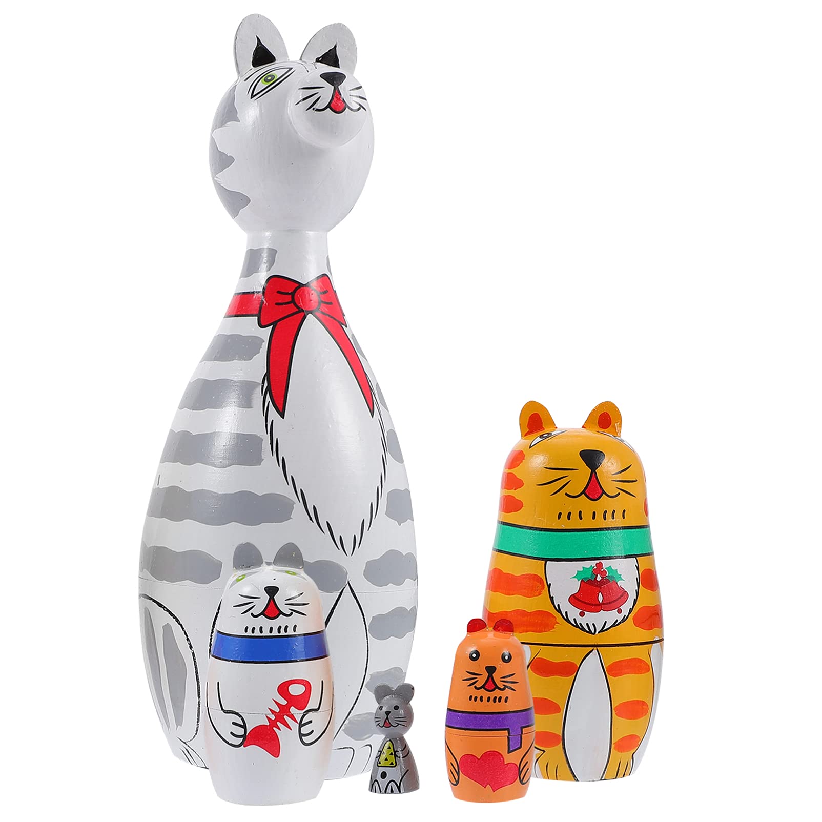 EXCEART 5-Layer Russian Wooden Nesting Dolls - Handmade Long-Necked Cat Animal Matryoshka Toys for Kids Girls | Perfect for Home Decor, Birthday Gifts & Educational Play