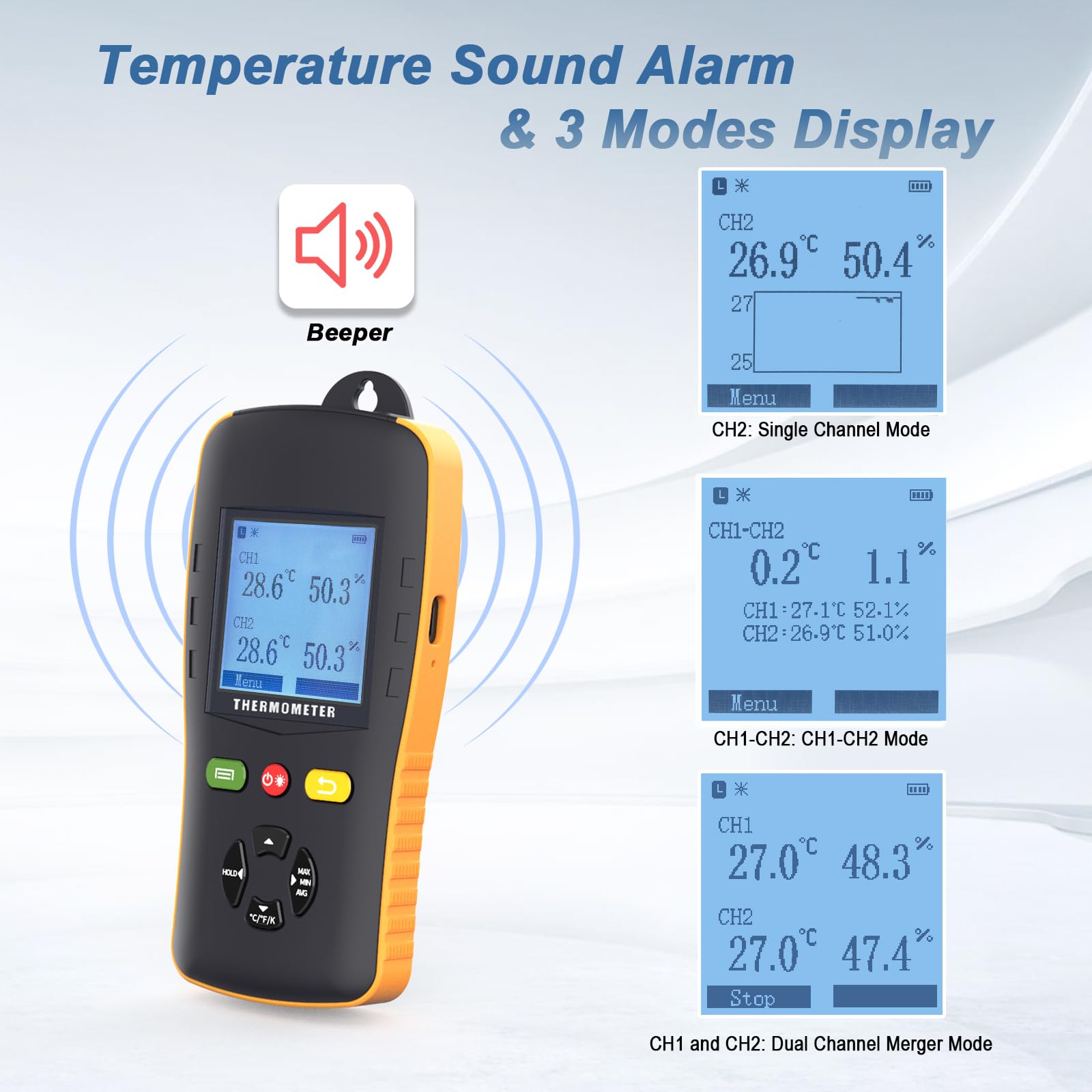 Dual Channel Temperature and Humidity Data Logger with USB Probe - Industrial Handheld Thermometer Hygrometer with Auto Report & Sound Alarm for Greenhouse, Freezer, Warehouse, and Lab Monitoring