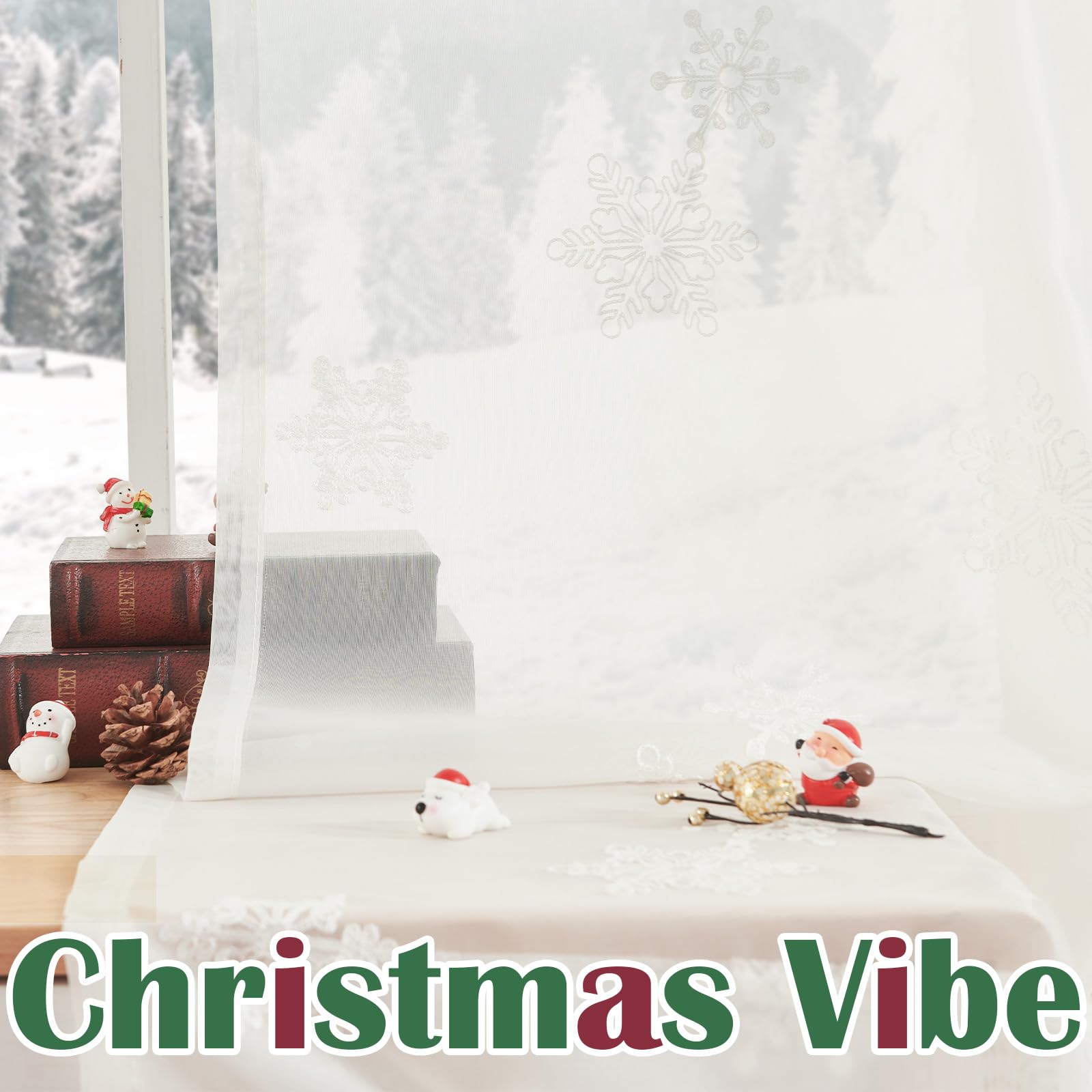 Jinchan White Sheer Curtains 24 Inch - Snowflake Embroidered Voile Tier Drapes for Kitchen, Bathroom, Bedroom & RV - Winter Holiday Decor with Rod Pocket (2 Panels) - Perfect for Small Windows, Cafe Style & Seasonal Home Decor