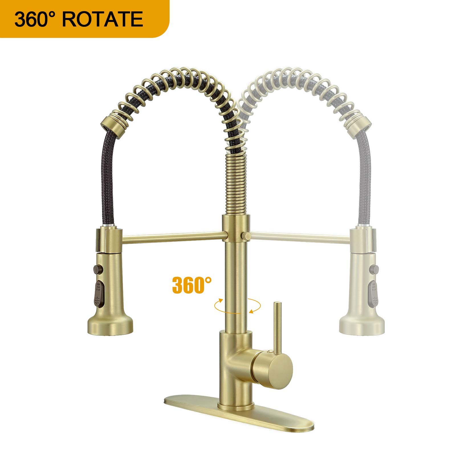 BESy Brushed Brass Kitchen Faucet with Pull-Out Sprayer - High-Arc Single Handle Spring RV Kitchen Sink Faucet, 3-Function Laundry Faucet in Brushed Gold Finish | Perfect for Modern Kitchens, RVs, and Laundry Rooms