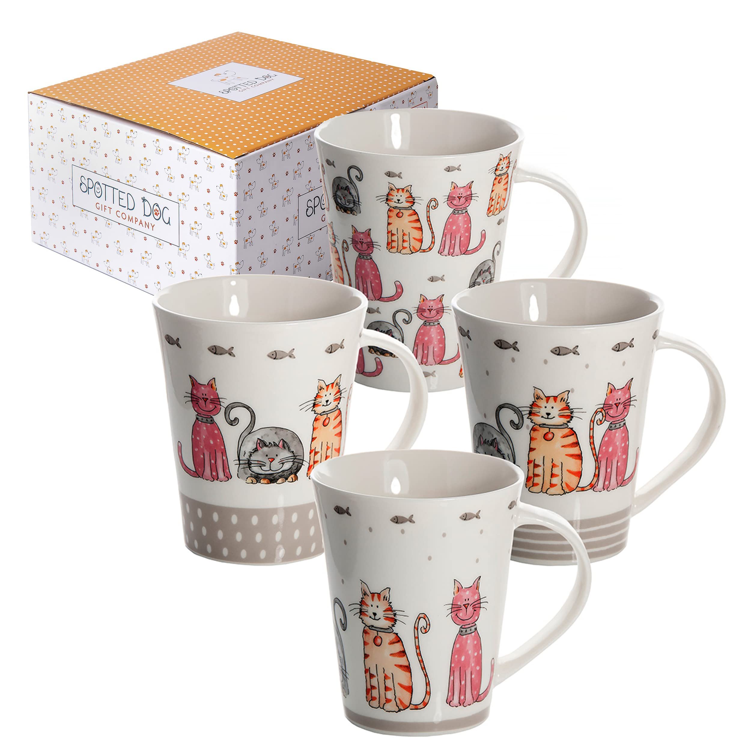 SPOTTED DOG GIFT COMPANY Cat Lovers Coffee Mug Set of 4 - Cute Happy Cat Themed Ceramic Tea Cups (360ml/12.2oz) - Perfect Gift for Women, Men & Kids Who Love Cats - Ideal for Coffee, Tea & Hot Drinks at Home or Office