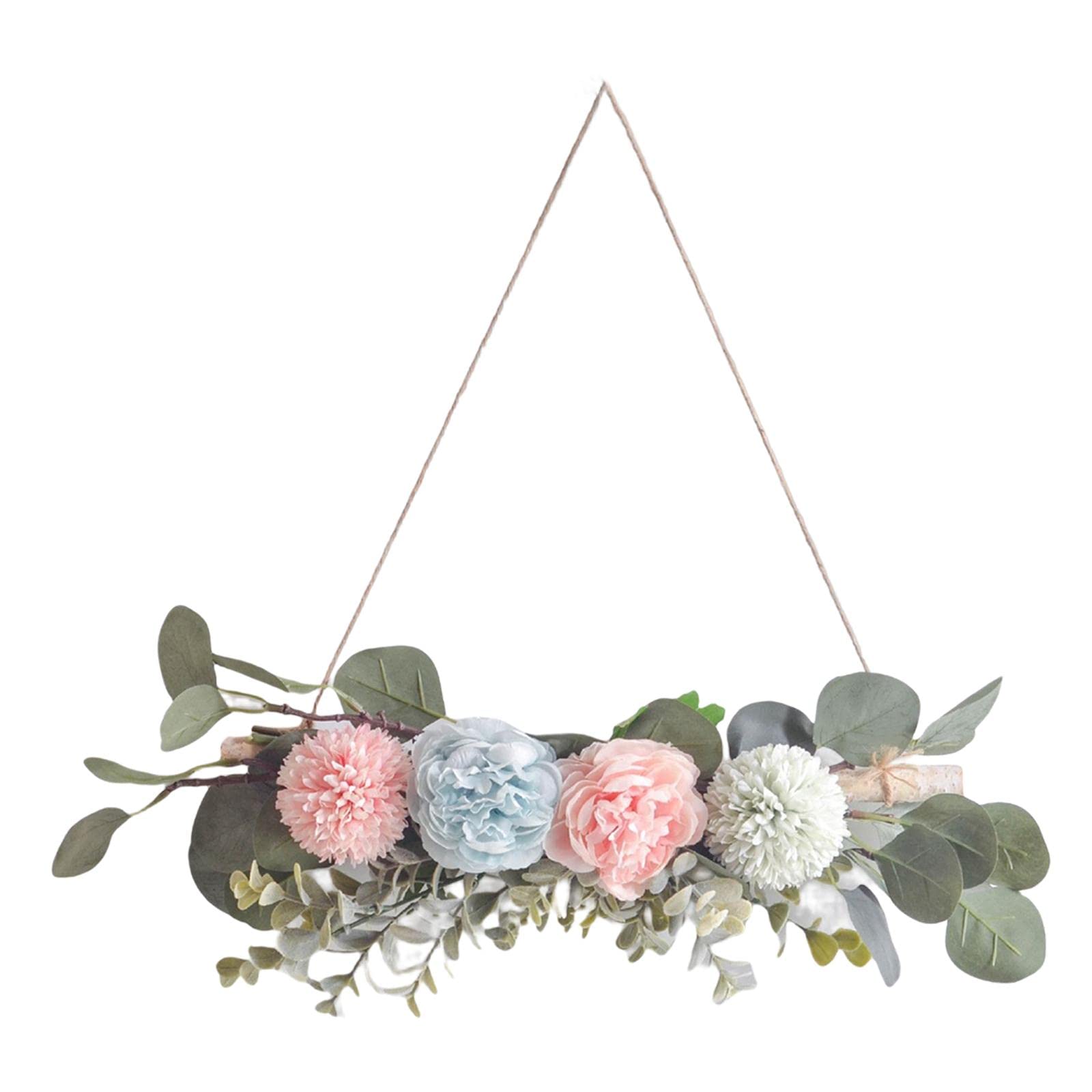 Homyl Peony Wreath Silk Flower Hanging with Wood Green Leaves - DIY Front Door, Window, Party Decor in Blue & Pink for Home, Wedding, and Seasonal Celebrations