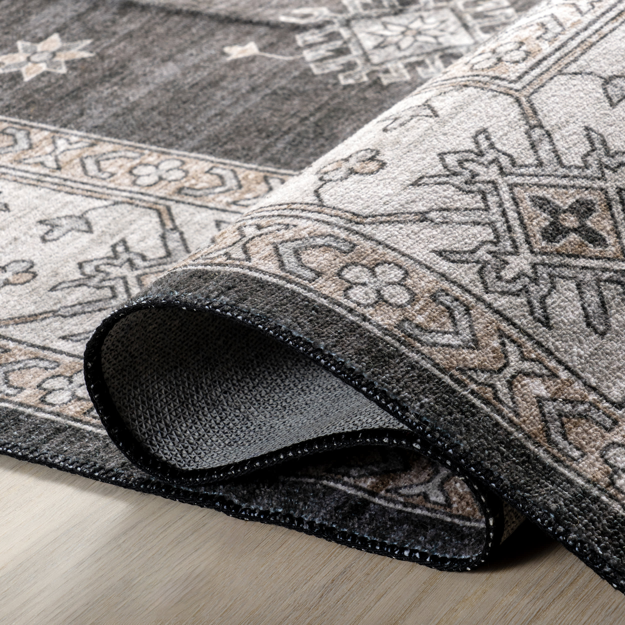 Andrea Bordered Washable Rug - Soft Non-Slip Indoor/Outdoor Carpet - Charcoal Grey - Perfect for Living Room, Bedroom, or Patio Decor