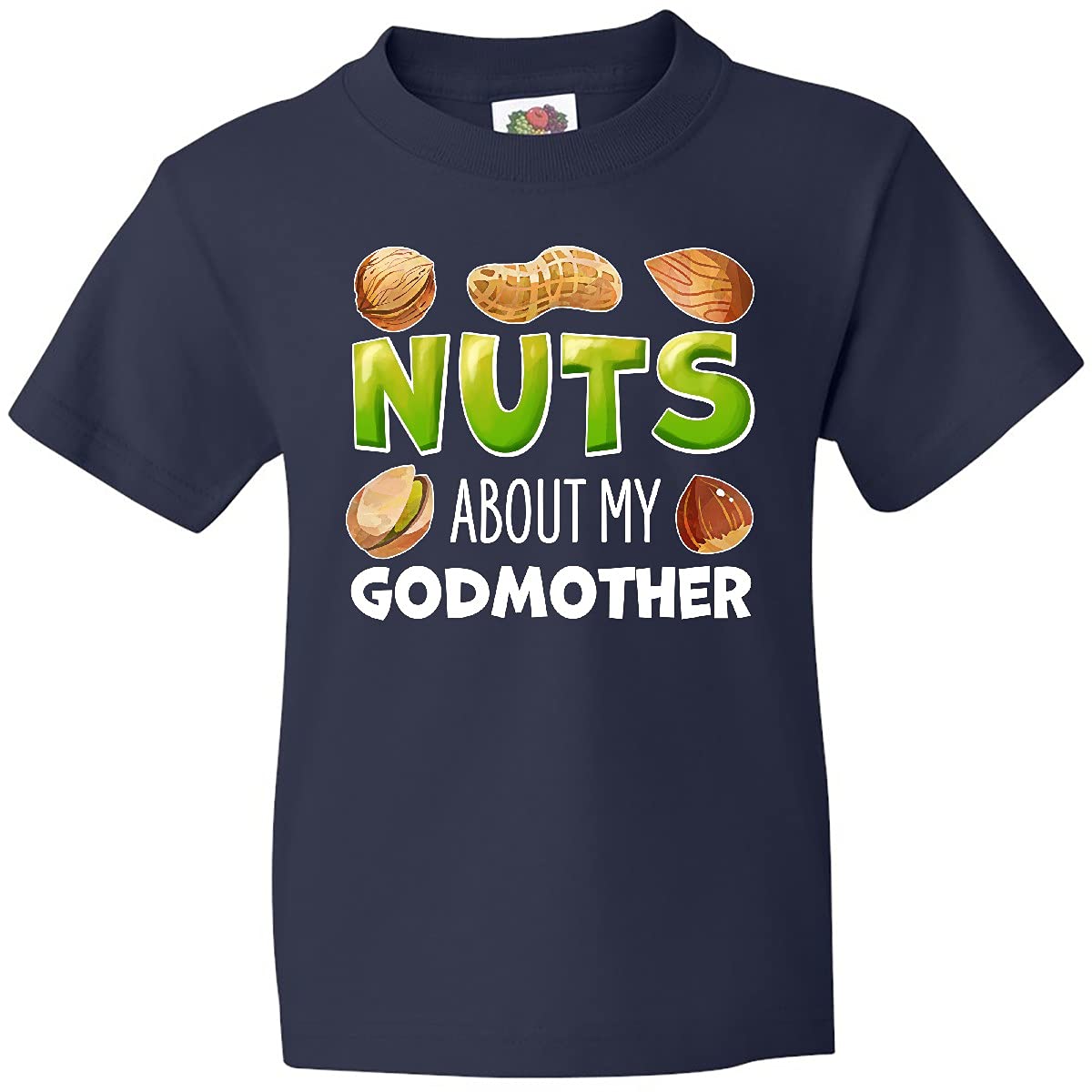Inktastic Nuts About My Godmother Peanut Almond Pistachio Graphic Youth T-Shirt | Funny Family Gift for Kids & Teens | Birthday, Christmas, Godparent Apparel