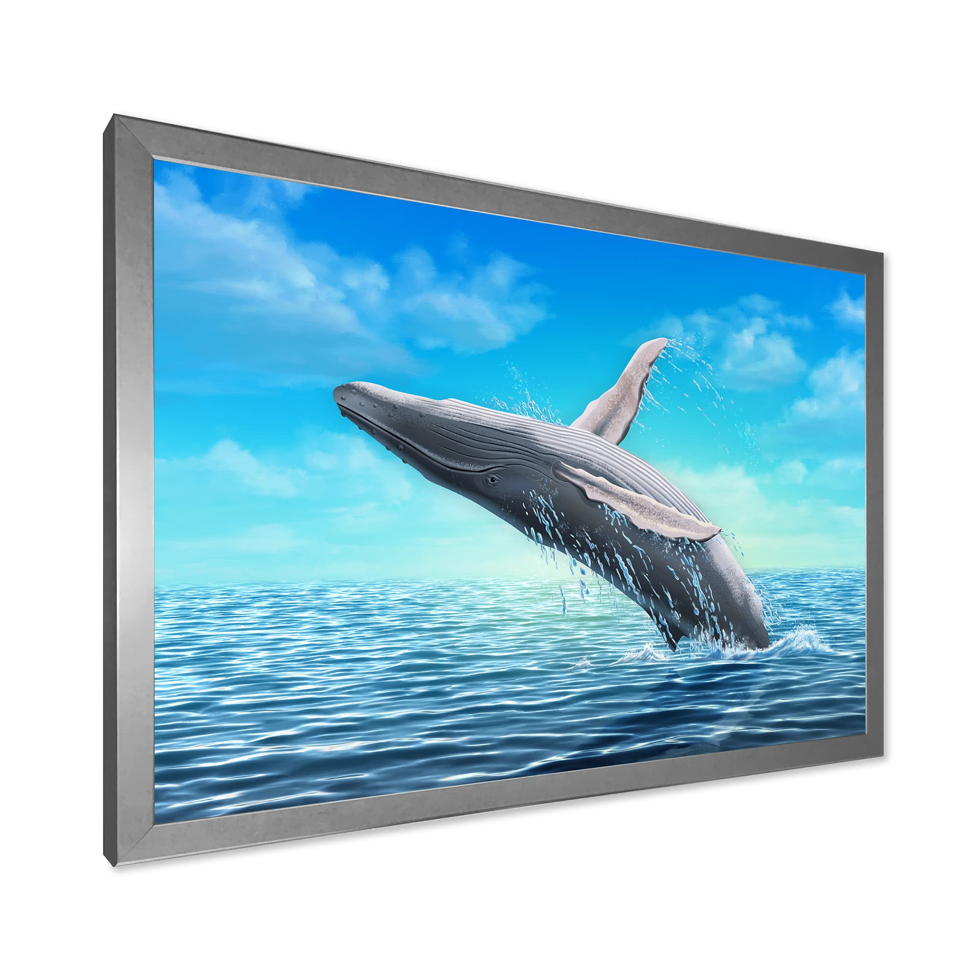 DesignQ Humpback Whale Jumping Framed Wall Art - Coastal Farmhouse Decor for Living Room, Bedroom & Office - Ocean Themed Home Decor