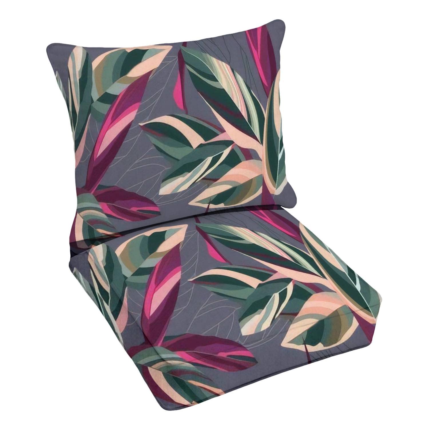 Premium Outdoor Deep Seating Cushion Set - Floral Seamless Leaves of Cordelia Design on Dark Gray - Replacement Patio Furniture Cushions for Lounge Chairs - Perfect for Garden, Poolside, and Outdoor Conversation Areas