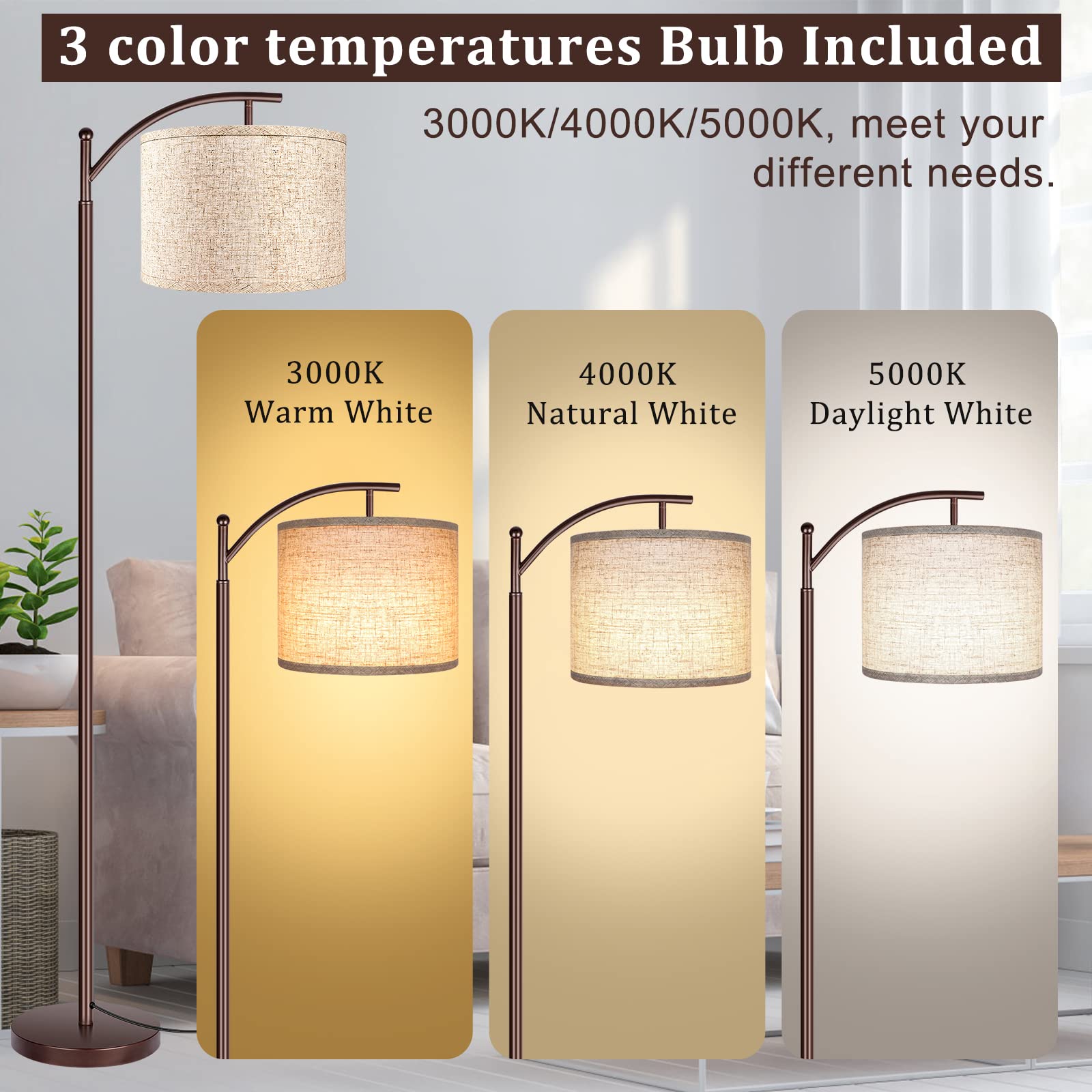 Rottogoon Industrial Floor Lamp - 9W LED Standing Lamp with Beige Lampshade, Oil-Rubbed Bronze Finish for Living Room, Bedroom, Office - Perfect for Reading, Working & Modern Home Decor