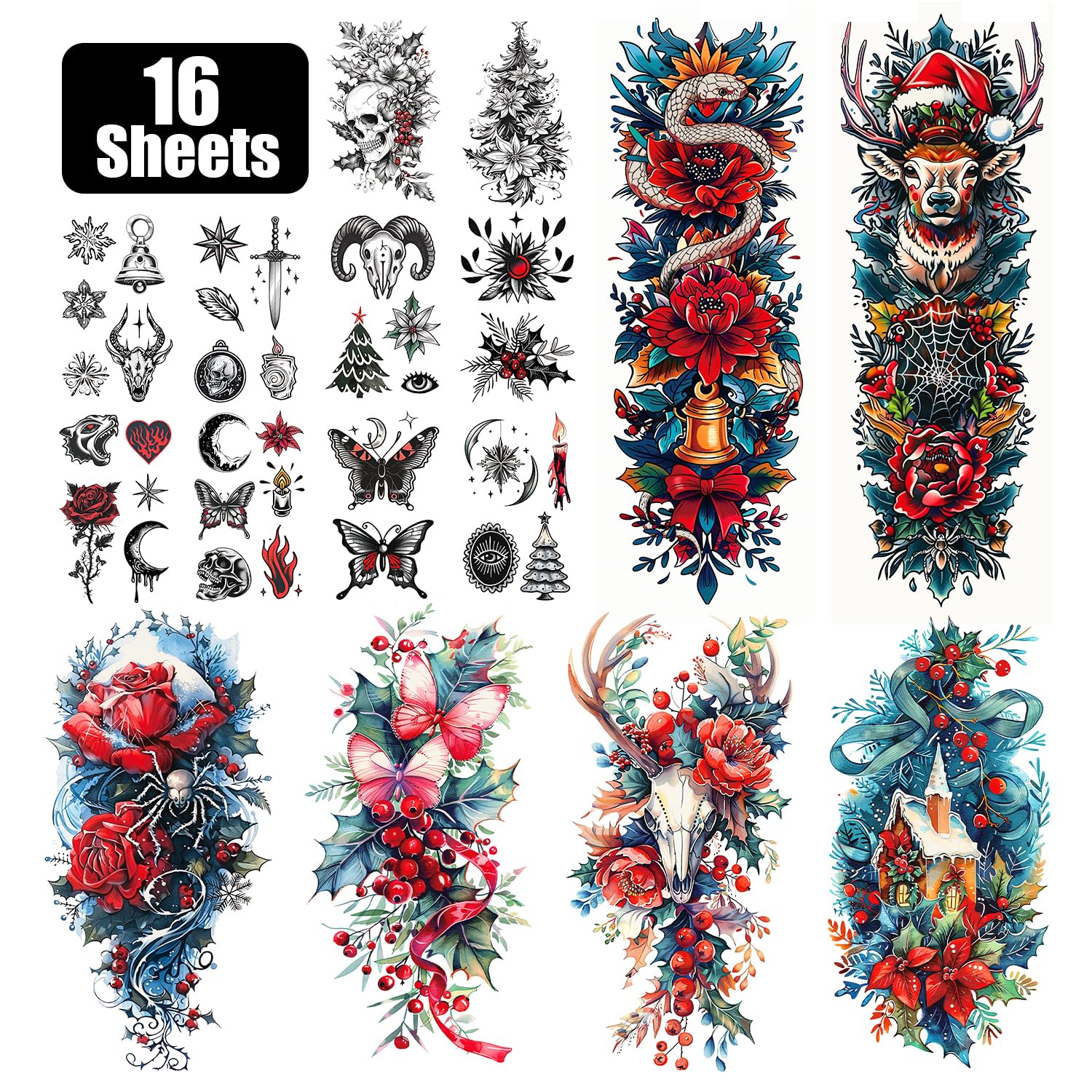 Partywind Christmas Temporary Tattoos for Adults & Women - Waterproof Holiday Makeup Tattoo Stickers - Festive Party Supplies & Decorations - Realistic Holiday Body Art for Christmas Parties, Family Gatherings & Festive Celebrations