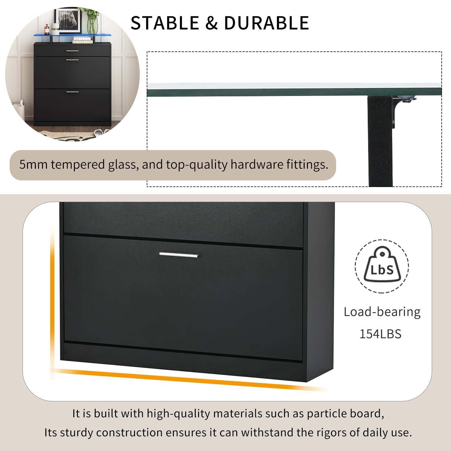 Modern Slim Entryway Shoe Cabinet with 2 Flip Drawers & LED Lights - Tempered Glass Top Shoe Storage Organizer with Open Shelves - Freestanding Shoe Rack for Hallway, Living Room, Bedroom - Space-Saving Home Organization Solution for Small Apartments & Entryways