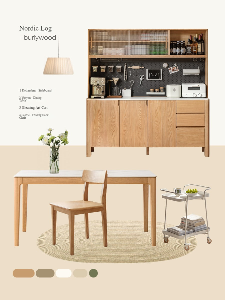 Premium Oak Solid Wood Perforated Rock Board Dining Sideboard - Rustic Kitchen Buffet Cabinet for Dining Room Storage & Display
