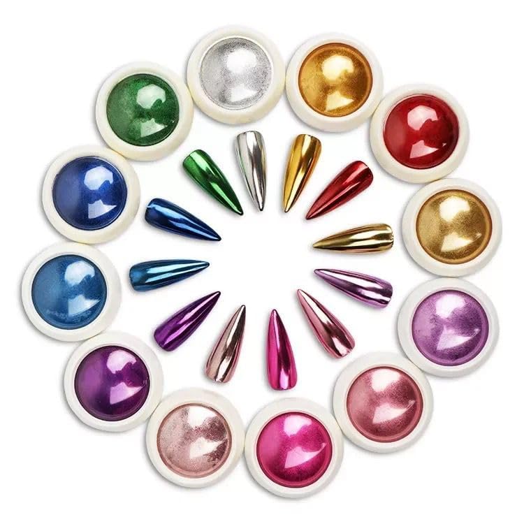 PEACORA 12-Piece Mirror Chrome Nail Powder Set - Metallic Holographic Nail Art Powder in Purple, Green, Red & Rose Gold for Gel Nails - Perfect for Manicures, Nail Art Designs & DIY Gifts - Salon & Home Use