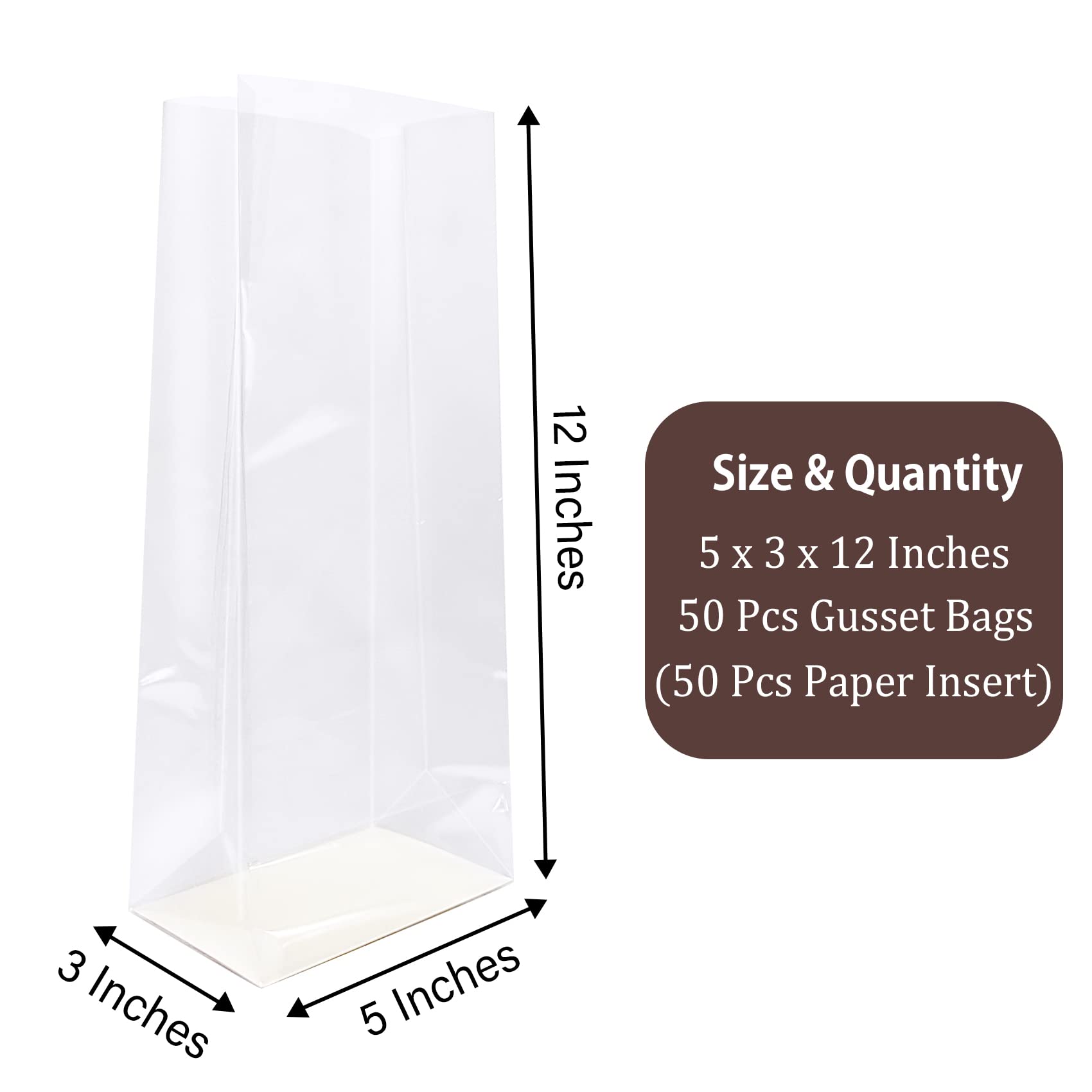 Morepack 50Pcs 5x3x12 Inches Gusseted Flat Bottom Cellophane Bags with Paper Insert - Clear Cello Bags for Candy, Cookies, Party Favors & Gift Packaging (Food Safe, Resealable)