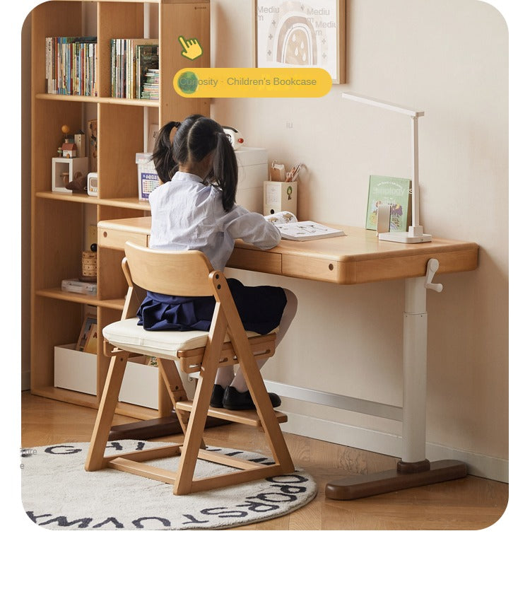 Beech Solid Wood Adjustable Height Kids Study Desk with Hand Crank Lift - Perfect for Homeschooling, Online Learning & Children's Homework Station