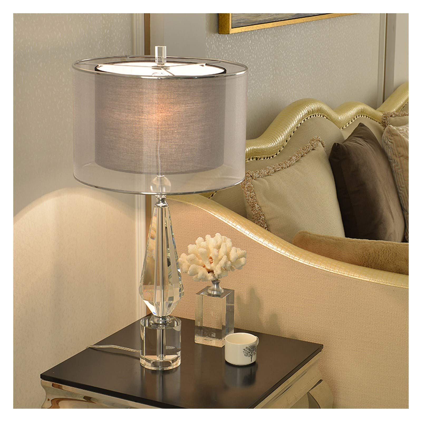 Trendy K9 Crystal Table Lamp with Double Layer Sheer Shade - 61CM Height Modern Desk Lamp for Living Room, Office & Bedroom - Perfect for Reading, Working & Bedside Lighting