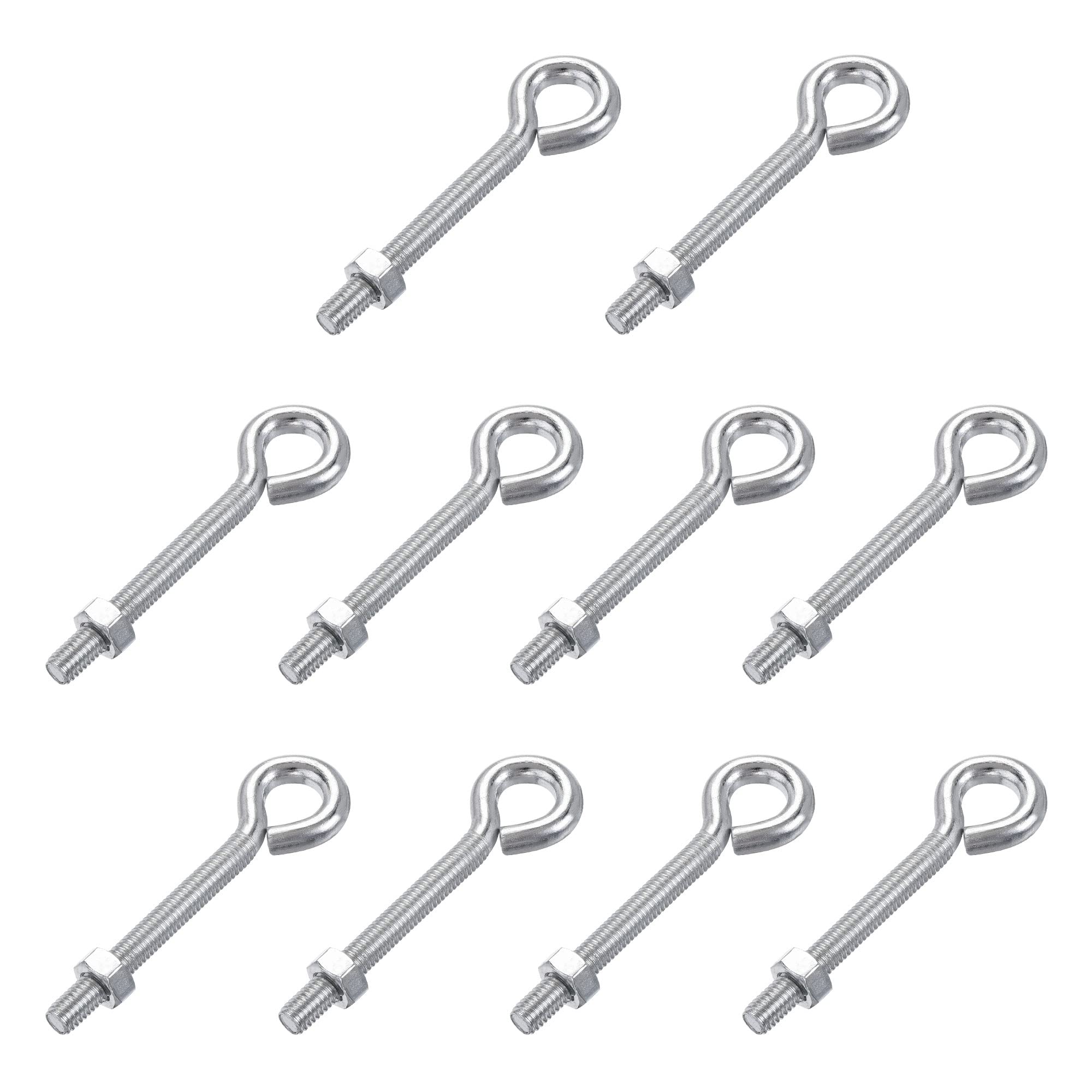 uxcell M6x50mm Eye Hooks Screws Bolts Kit - 10pcs Carbon Steel Hanger Eyelet Hooks with Hex Nuts - Heavy Duty Metal & Wood Terminal Ring Hooks for Hanging Plants, Shelves, and DIY Projects