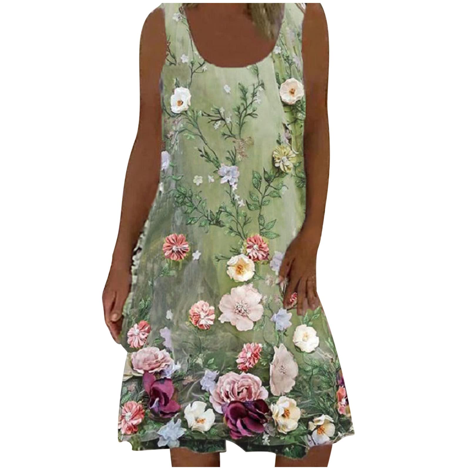 Vintage Floral Print Women's Summer Dress - Round Neck Sleeveless Tank Dress, Loose Knee-Length Beach Dress for Vacation, Party & Casual Wear