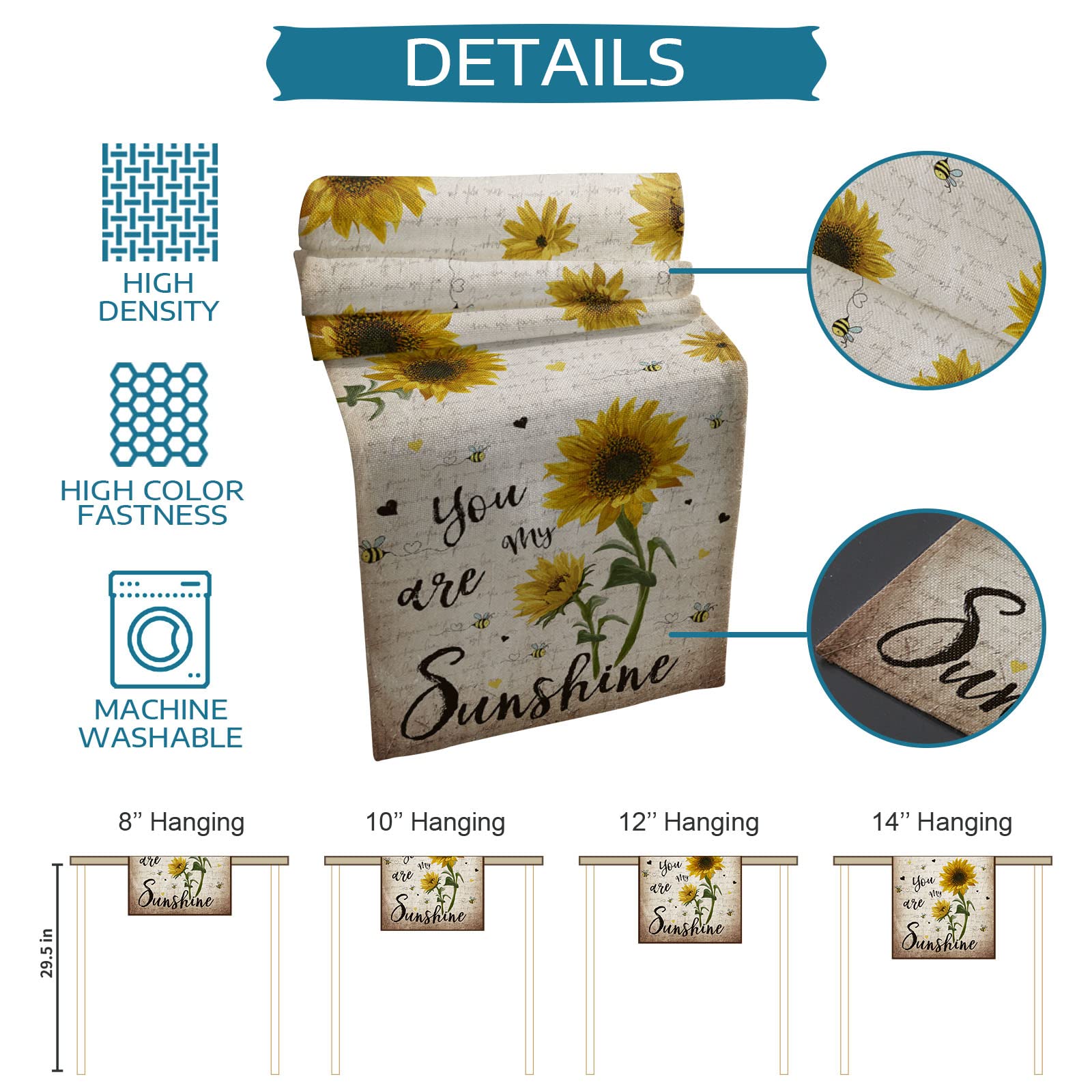 Sunflower Bees Cotton Linen Table Runner - 13x72 Inch Rustic Farmhouse Decor for Dining Table & Kitchen | Indoor Outdoor Home Decoration | Perfect for Weddings, Parties & Everyday Use