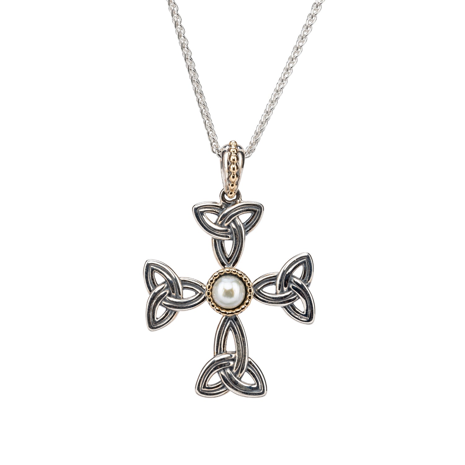 10K Gold & Silver Aphrodite Cross Pendant Necklace with White Freshwater Pearl - Elegant Religious Jewelry for Women, Gift for Baptism, Confirmation & Special Occasions