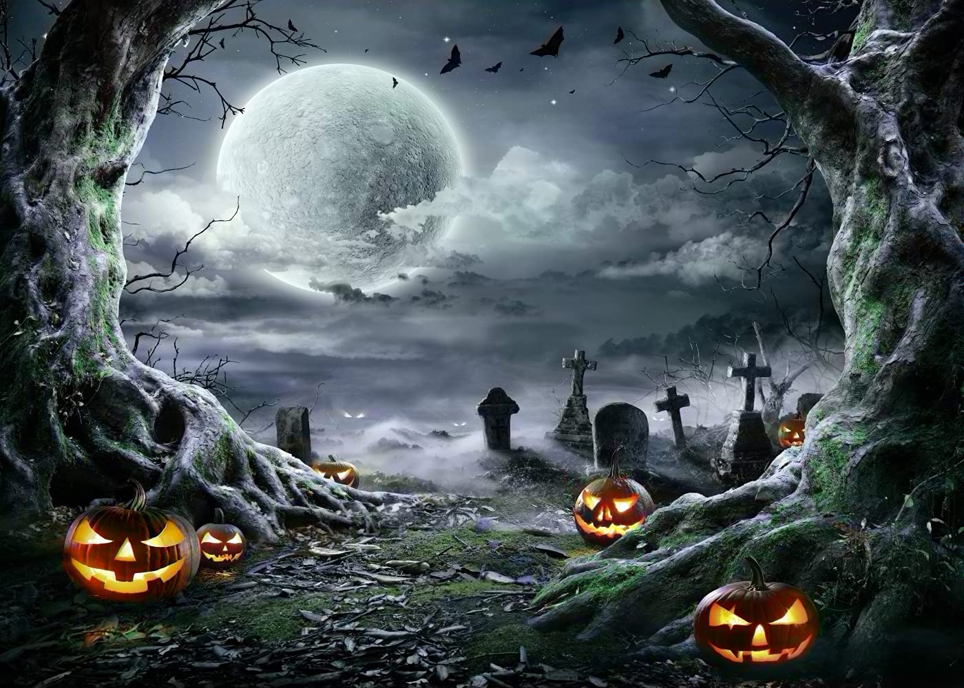 8x6FT Halloween Backdrop Photography Background - Spooky Moonlit Cemetery with Pumpkin Lanterns for Kids & Adults - Perfect for Halloween Parties, Birthday Decor, Photo Booths & Family Gatherings