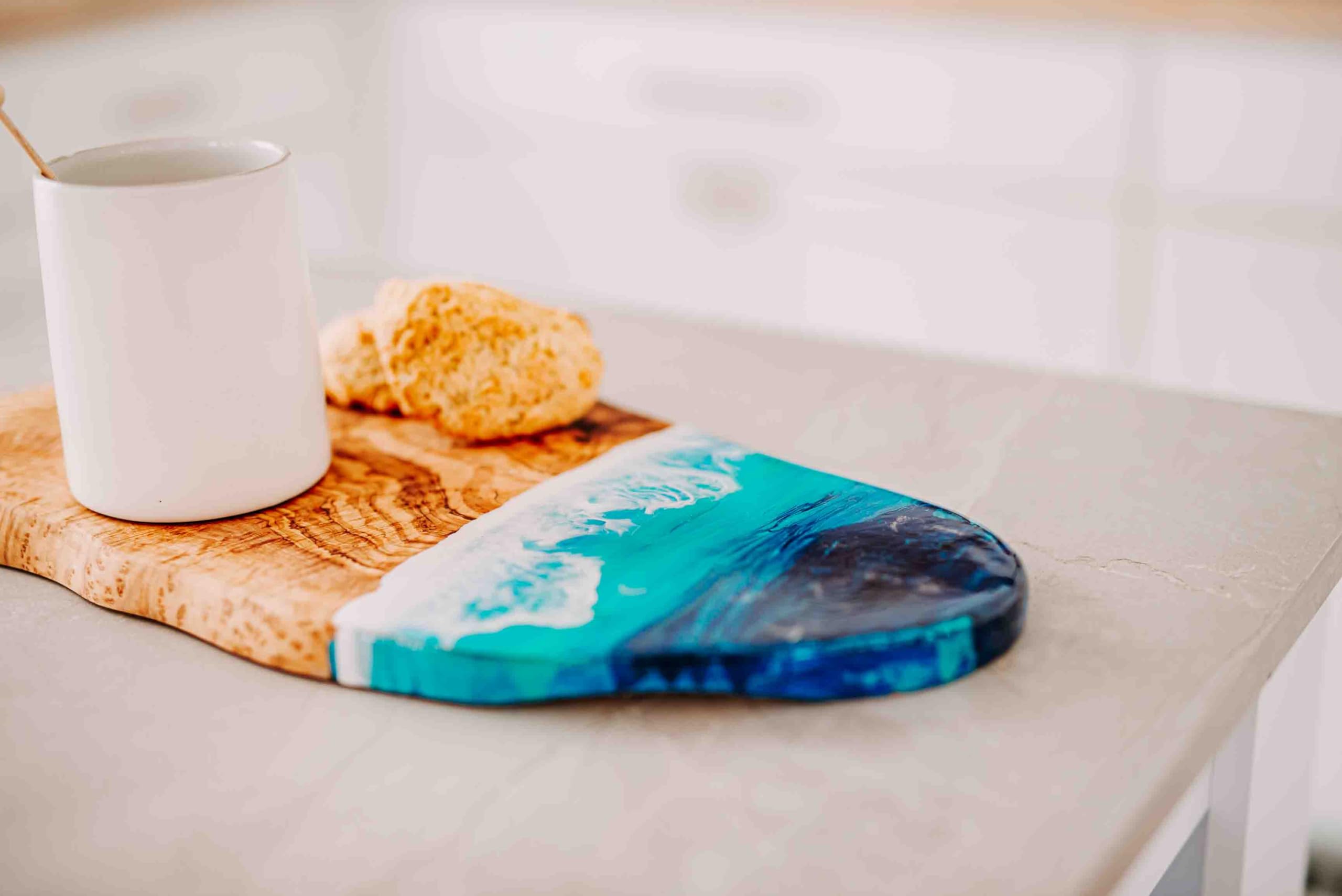 WLB Designs Coastal Serving Board - Olive Wood Charcuterie Tray with Ocean Wave Resin Design | Beach-Themed Cutting Board for Cheese & Charcuterie | Perfect Housewarming Gift & Coastal Kitchen Decor for Entertaining