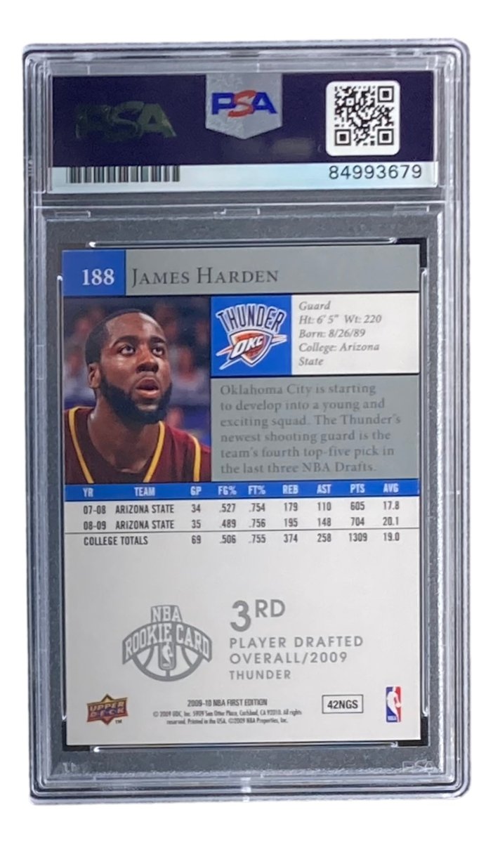 James Harden Signed 2009 Upper Deck #188 Rookie Card PSA/DNA Gem MT 10 - Authentic Autograph Basketball Collectible for Display & Investment