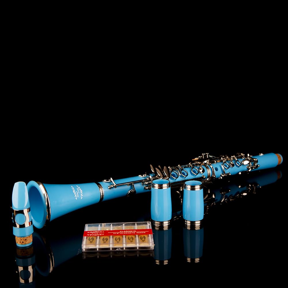 Professional Ebonite Bb Clarinet with 10 Reeds, Stand, Hard Case & Accessories - Light Blue/Silver | Ideal for Students, Beginners & Professional Musicians | Band, Orchestra & Solo Performances