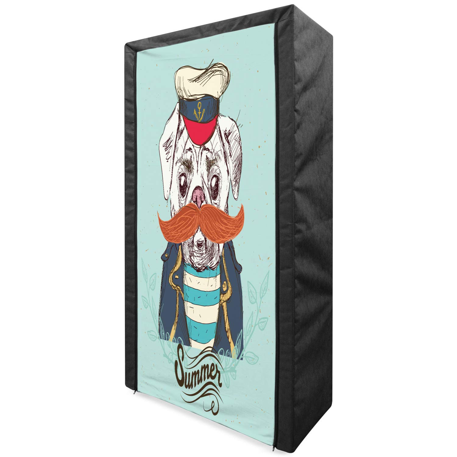 Ambesonne Pug Portable Fabric Wardrobe - Funny Captain Dog with Hat & Mustache Design, 33.5 Inch Clothing Organizer with Shelves in Pale Blue & Navy | Perfect for Bedroom, Dorm, or Travel Storage