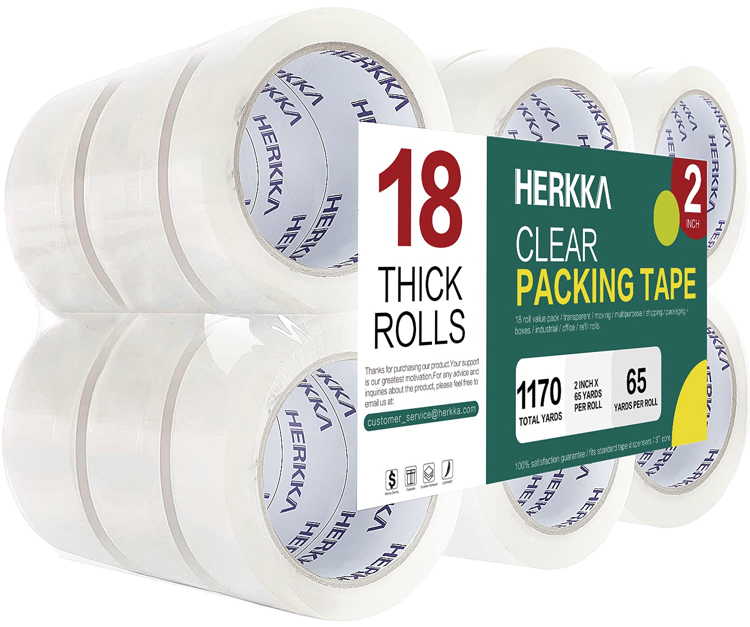 HERKKA Heavy Duty Clear Packing Tape - 18 Rolls, 2 Inch Wide, 65 Yards Per Roll (1170 Total Yards) - Strong Shipping, Moving & Sealing Tape for Boxes, Packages & Storage - Ideal for Home, Office & Warehouse Use