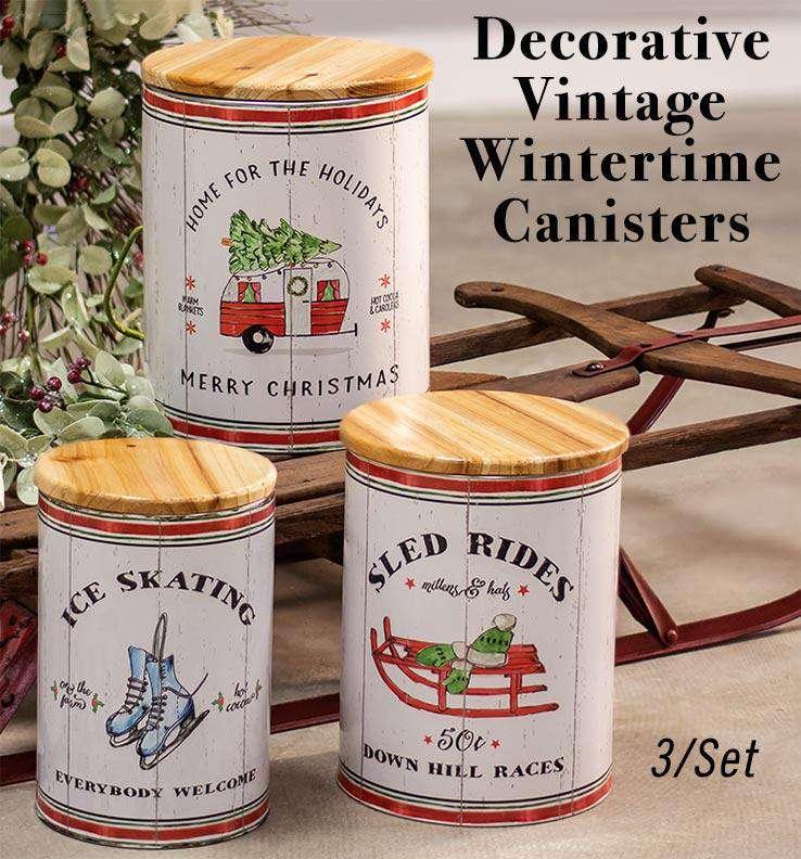 3-Piece Vintage Winter Canister Set - Decorative Kitchen Storage for Flour, Sugar & Coffee - Perfect for Holiday Decor & Cozy Farmhouse Style