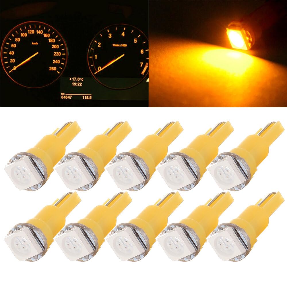 10 PCS T5 Yellow 58 70 73 74 Instrument Dashboard Gauge 1SMD 5050 LED Wedge Bulbs - Perfect for Car Dashboard, Motorcycle Gauges & Marine Instrument Lighting