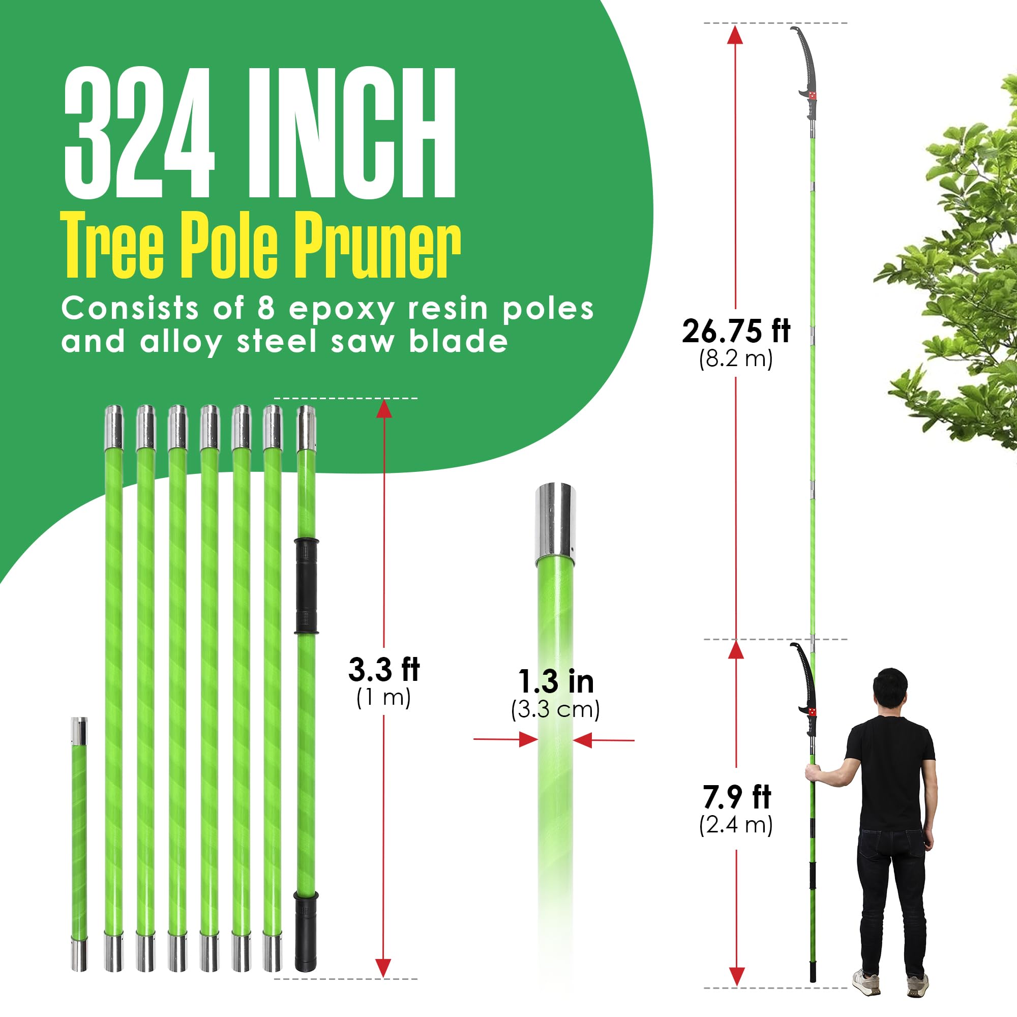 Extendable Pole Saw 7.9-27FT - Palm Tree Trimmer & Branch Cutter for High Reach Gardening