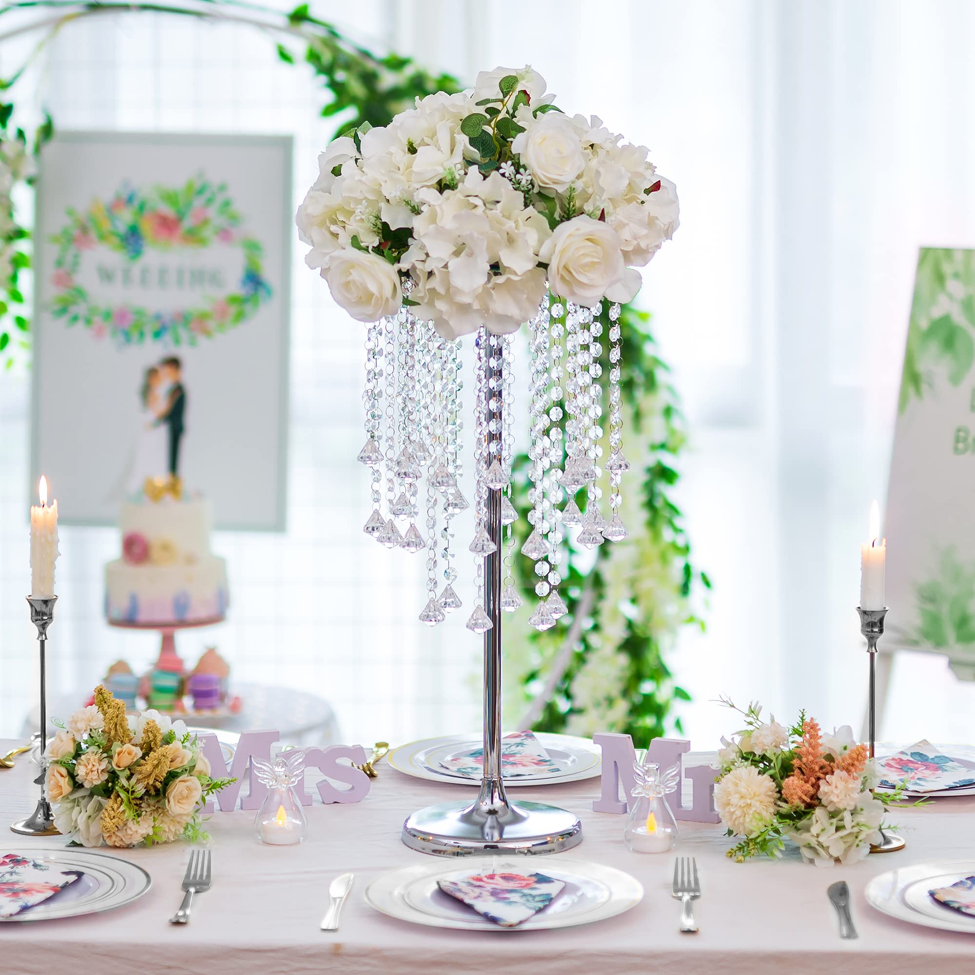 Elegant 10-Piece Silver Metal Flower Stand Wedding Centerpieces with Chandelier Crystals - 23.7 Inch Tall Table Vases for Reception, Event, and Home Decor - Perfect for Weddings, Banquets, and Luxury Interior Design