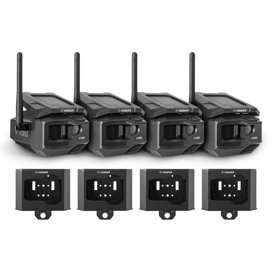 VOSKER V150-US LTE Cellular Security Camera Bundle - 4 Solar-Powered Wireless Outdoor Cameras with 4 Security Boxes | No WiFi Needed | Home, Business & Property Surveillance for Remote Monitoring