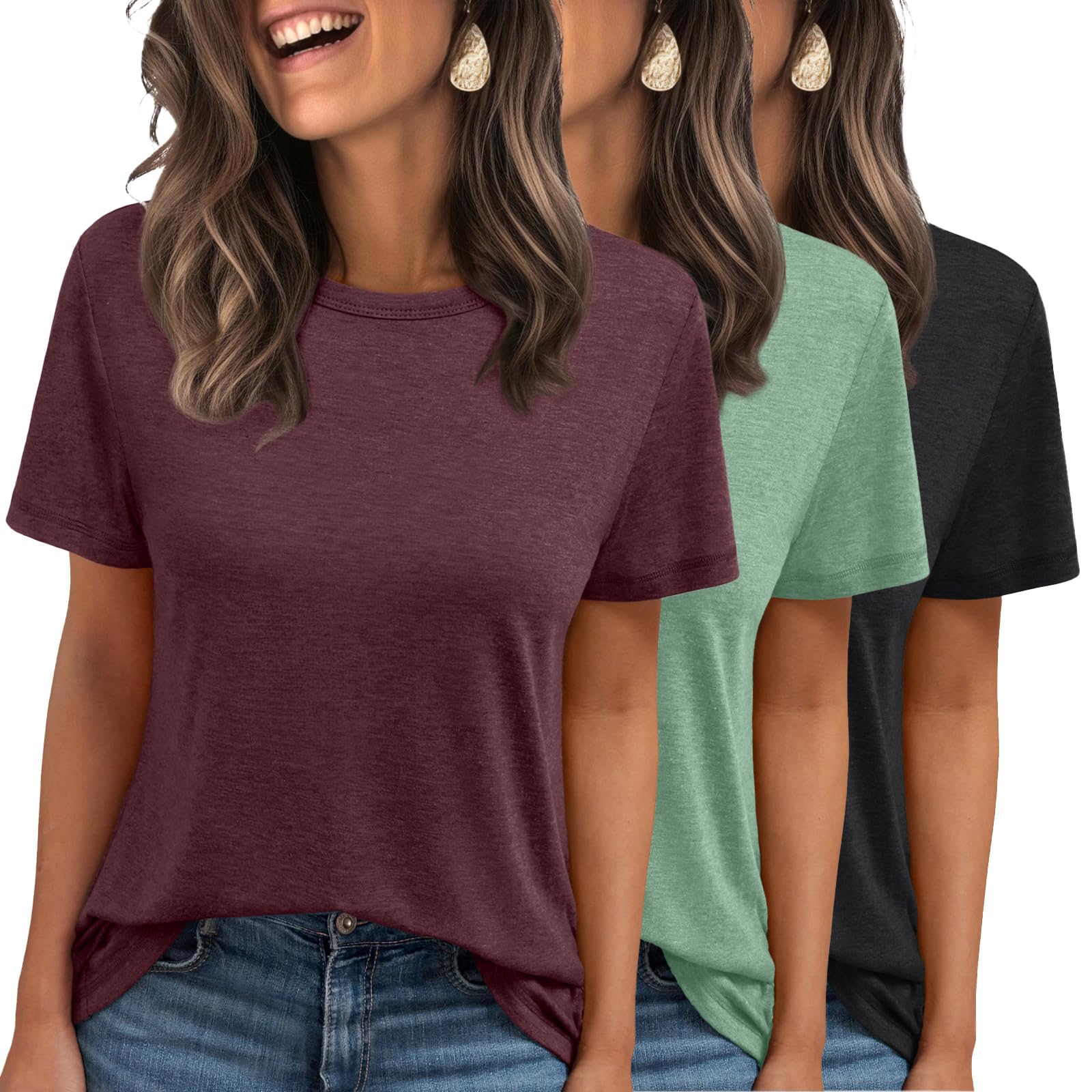SUNBS Women's 3 Pack Short Sleeve T-Shirts - Soft Summer Basic Tees for Casual Wear, Workout & Vacation Outfits | Comfortable Fashion Tops for Everyday Use, Gym & Travel 2025
