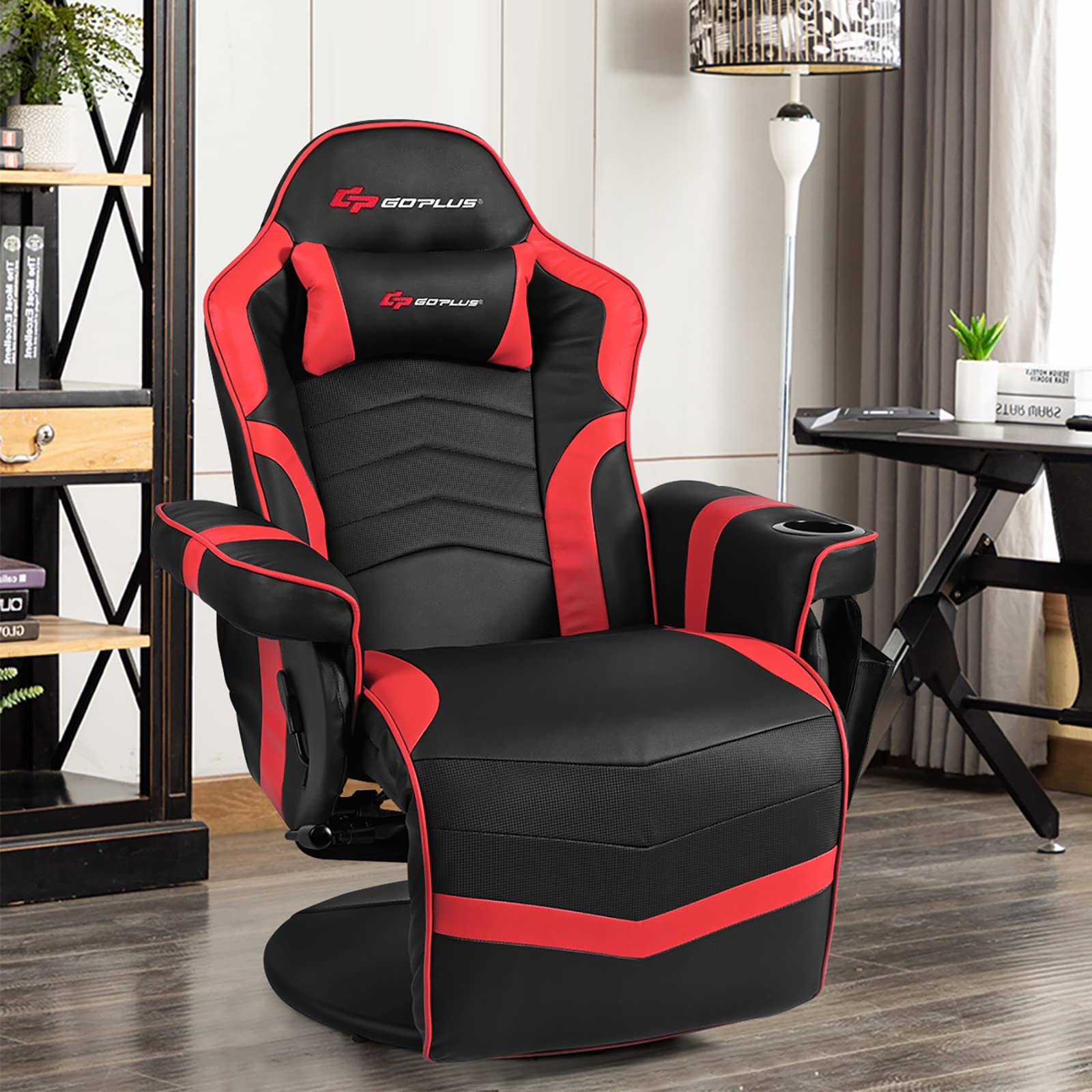 Powerstone Ergonomic Gaming Recliner Chair with Massage & Footrest - PU Leather Video Game Chair with Adjustable Headrest, Cup Holder & Side Pouch - Perfect for Gaming, Living Room & Home Theater Relaxation (Red)