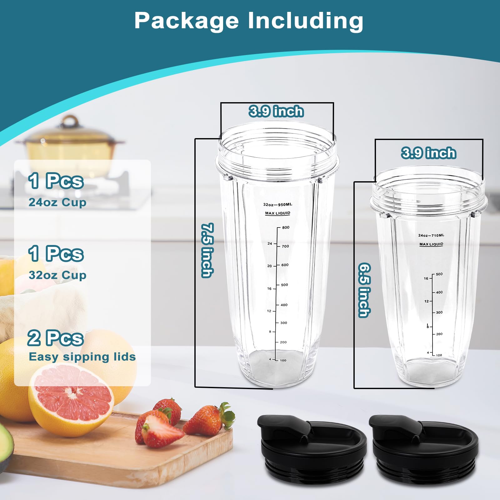 Ninja Blender Replacement Kit - 24 oz & 32 oz Cups with Travel Lids - Compatible with Nutri Ninja Auto iQ BL2012 BN801 BL480-30 BL640-30 BL642-30 NN100-30 - Perfect for Smoothies, Protein Shakes & Meal Prep at Home or On-the-Go