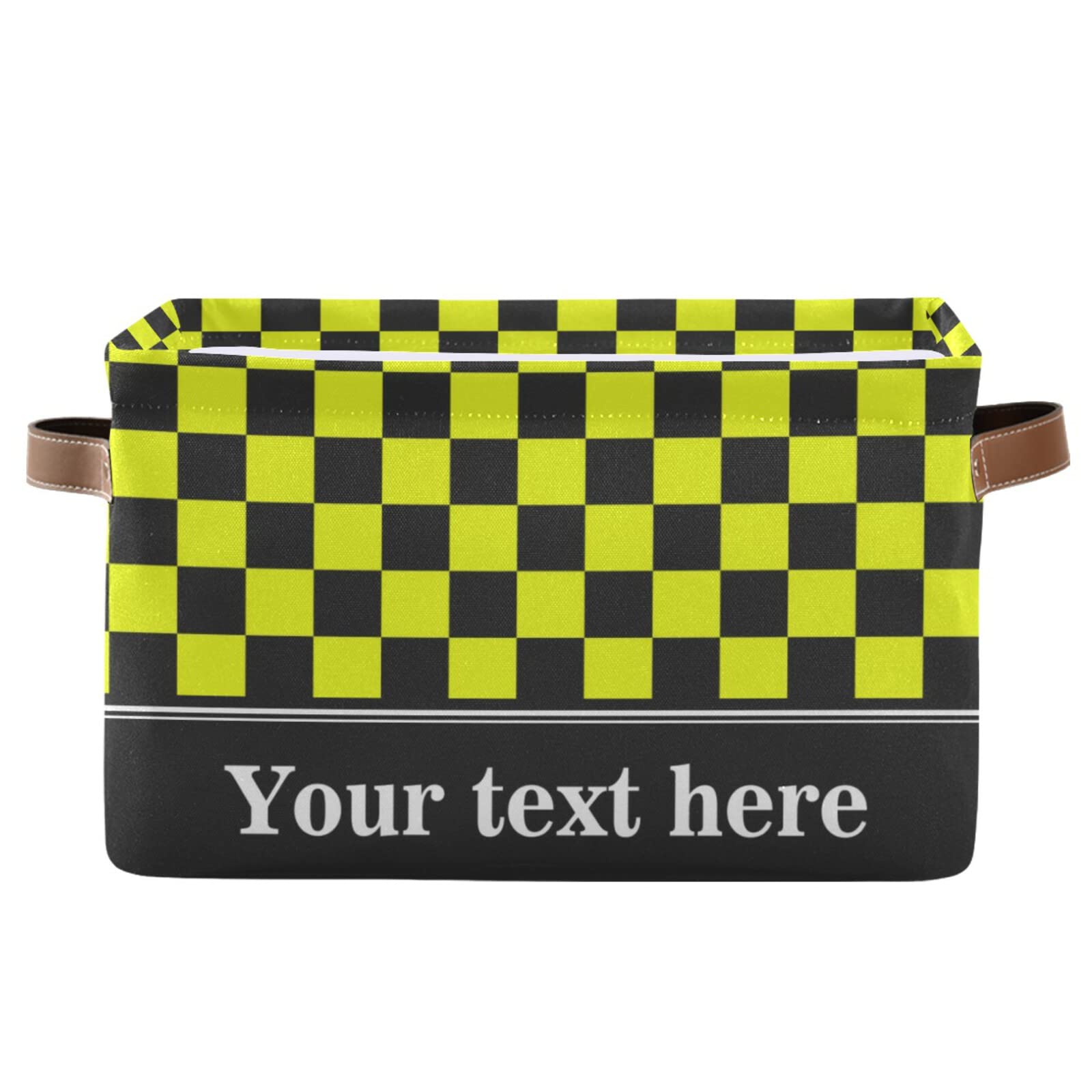 Black and Yellow Checkered Collapsible Storage Basket with Leather Handles - Foldable Rectangular Storage Bin for Office Organization, Home Decor & Laundry Hamper - Perfect for Desk Organizer, Closet Storage & Kids Room Decor