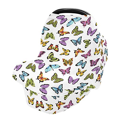 Stretchy Baby Car Seat Cover for Boys & Girls - Floral Butterflies & Flowers Infant Car Canopy, Nursing Cover & Breastfeeding Scarf - Perfect for Travel, Shopping & Outdoor Activities