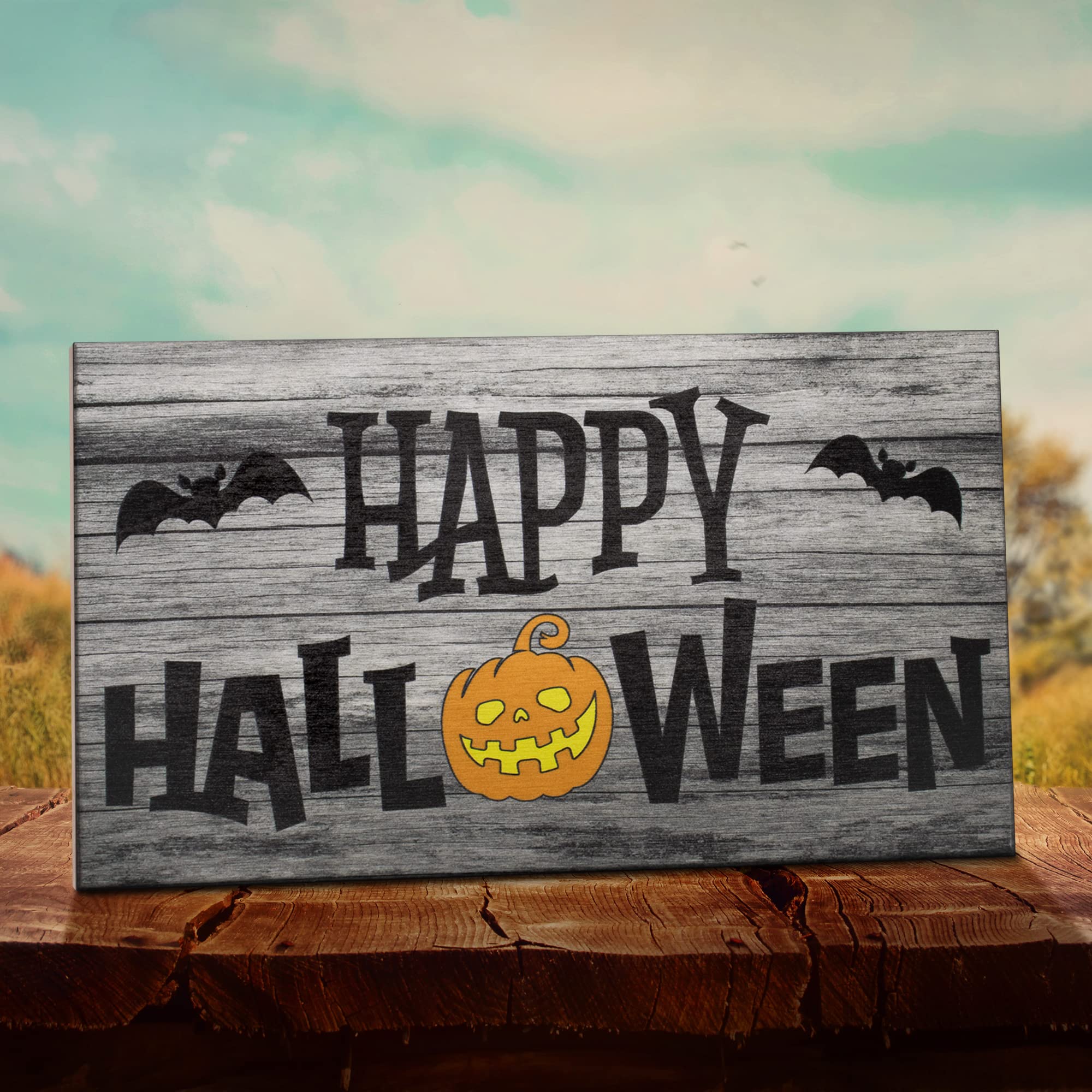 JennyGems Halloween Wooden Sign - Happy Halloween Indoor Decor with Bats & Pumpkin Design - Made in USA - Perfect for Halloween Party, Home, Porch & Table Decoration