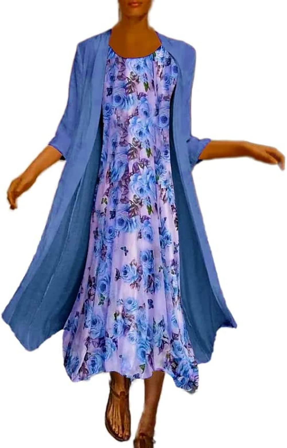 Women's Floral Print Chiffon Dress with Sleeveless Cardigan 2-Piece Set - 3/4 Sleeve, Irregular Hem Wedding Guest Dress for Spring/Summer Parties, Bridal Shower & Special Occasions
