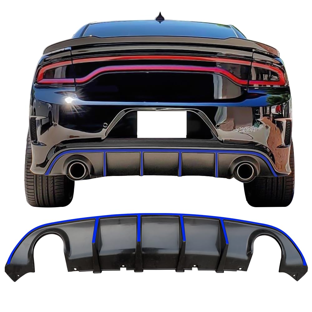 IKON MOTORSPORTS V3 Style Rear Diffuser with Blue Reflective Tape - Compatible with 2015-2023 Dodge Charger SRT | Aggressive Look & Enhanced Aerodynamics | Perfect for Car Enthusiasts & Street Racing