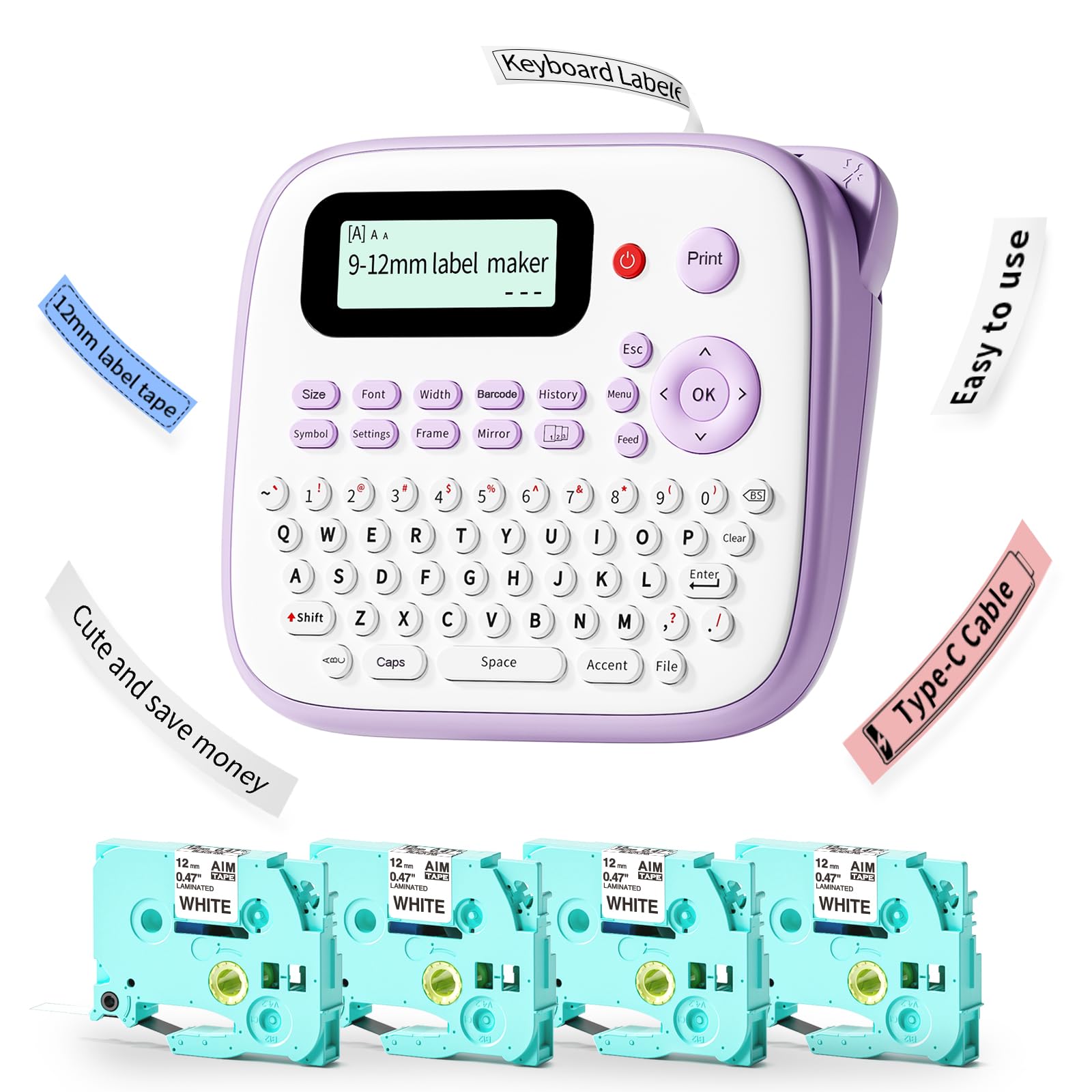 Portable Label Maker Machine with 4 Laminated Tapes - D210S Type-C Rechargeable, QWERTY Keyboard & One-Touch Keys for Home, Office, School, Garden Organization (Purple) | Perfect for Labeling Storage Boxes, Files, Plants & DIY Projects