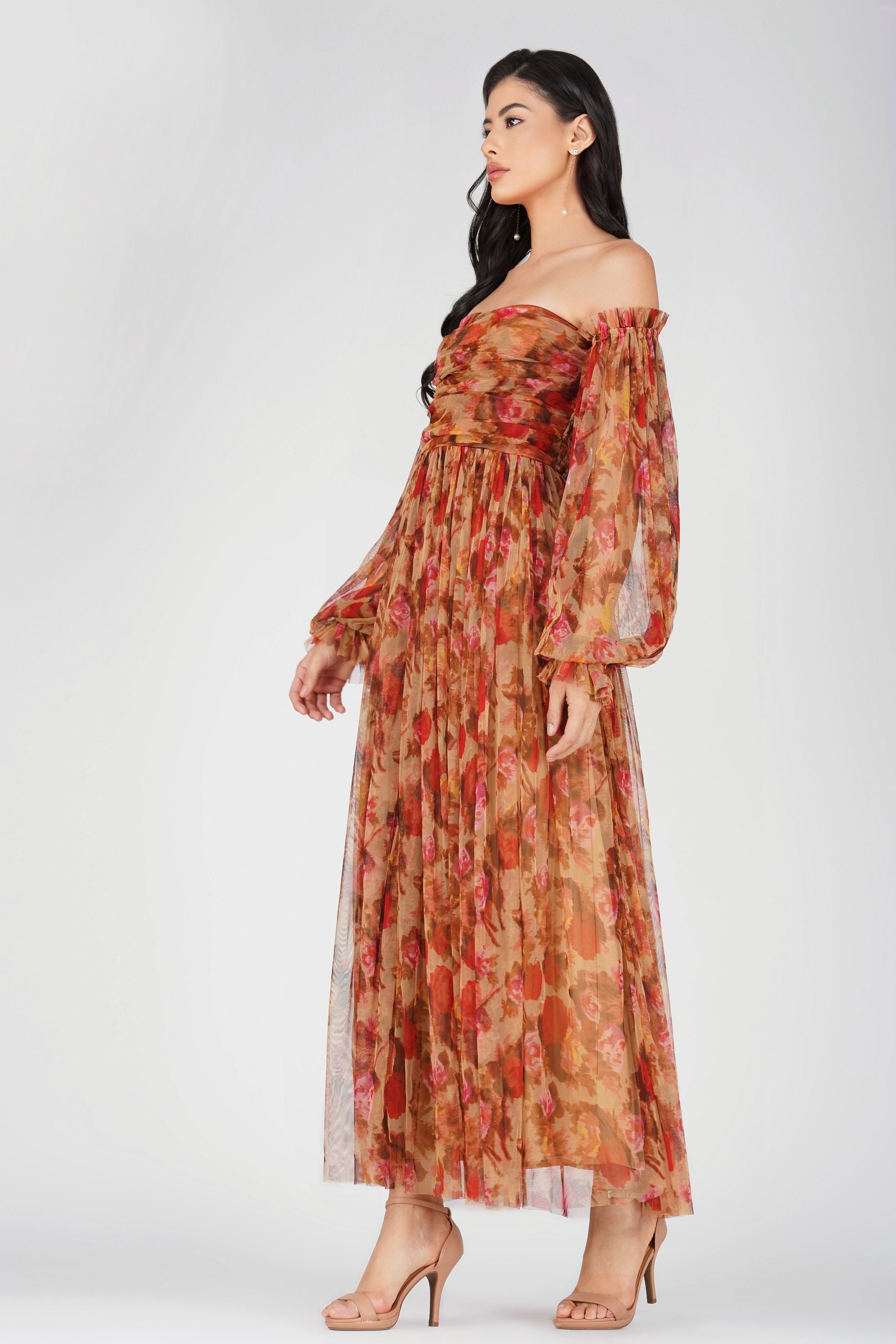Lana Brown Floral Tulle Dress for Women - Elegant A-Line Party Gown with Lace Details - Perfect for Weddings, Prom, Cocktail Parties & Special Occasions