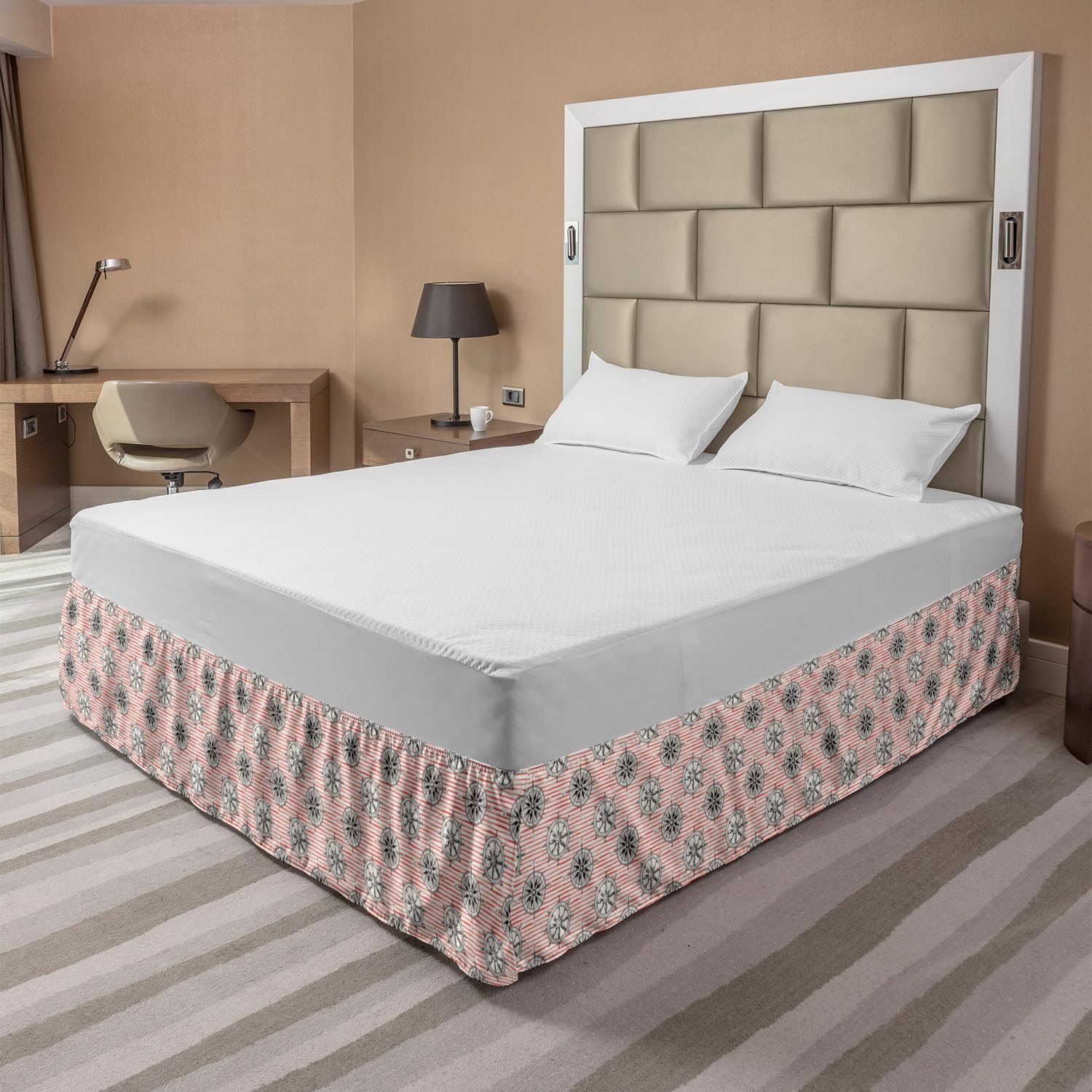 Ambesonne Nautical King Size Bed Skirt - Ocean Theme with Hand Drawn Ship Steering Wheel & Sea Compass Pattern in Pink | Elastic Dust Ruffle Wrap Around Bedskirt for Coastal Bedroom Decor | Perfect for Beach House, Guest Room or Nautical Themed Nursery
