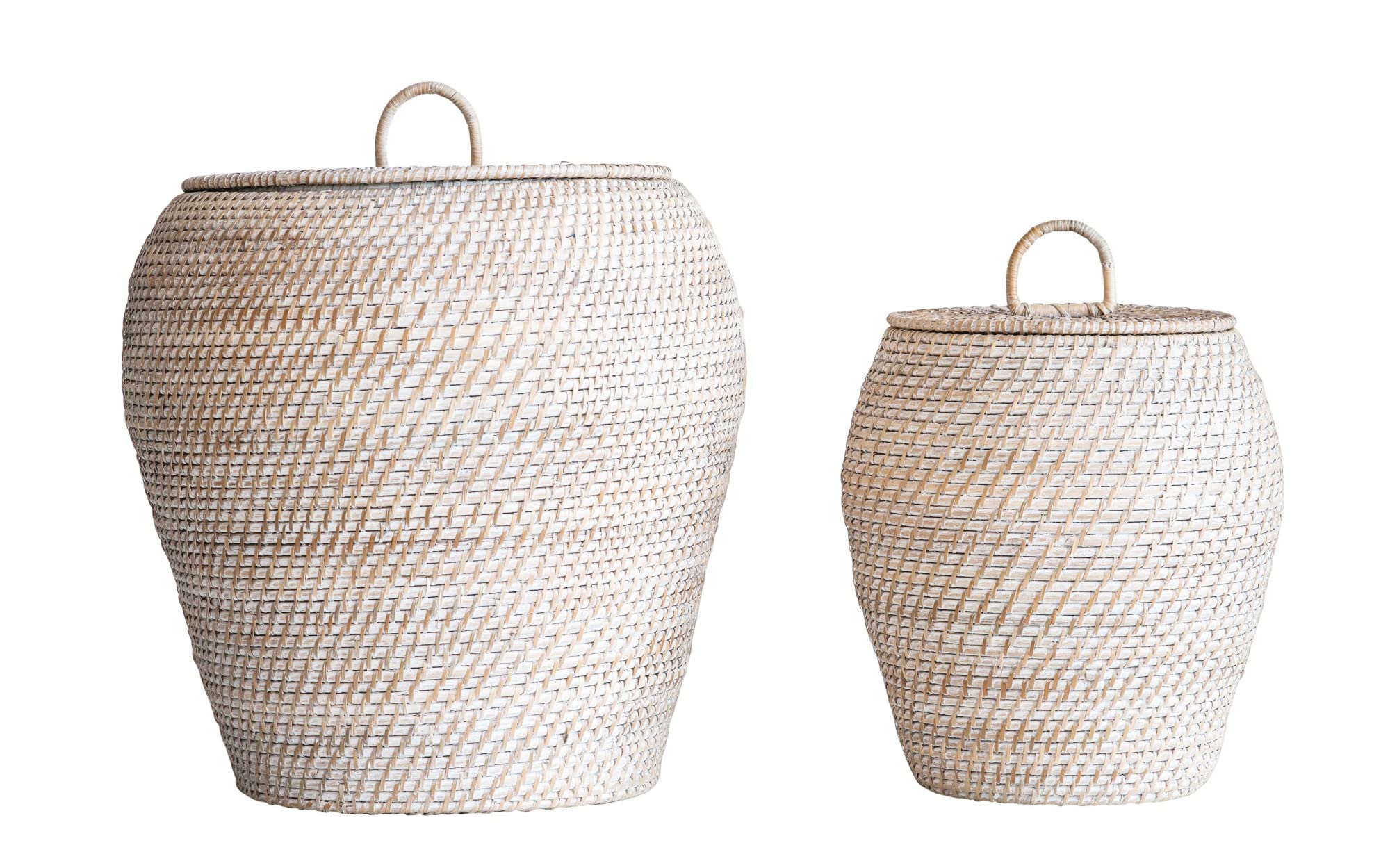 Bloomingville Whitewashed Rattan Storage Baskets with Lids - Set of 2 Sizes (Small & Large) for Home Organization, Bathroom & Nursery Decor